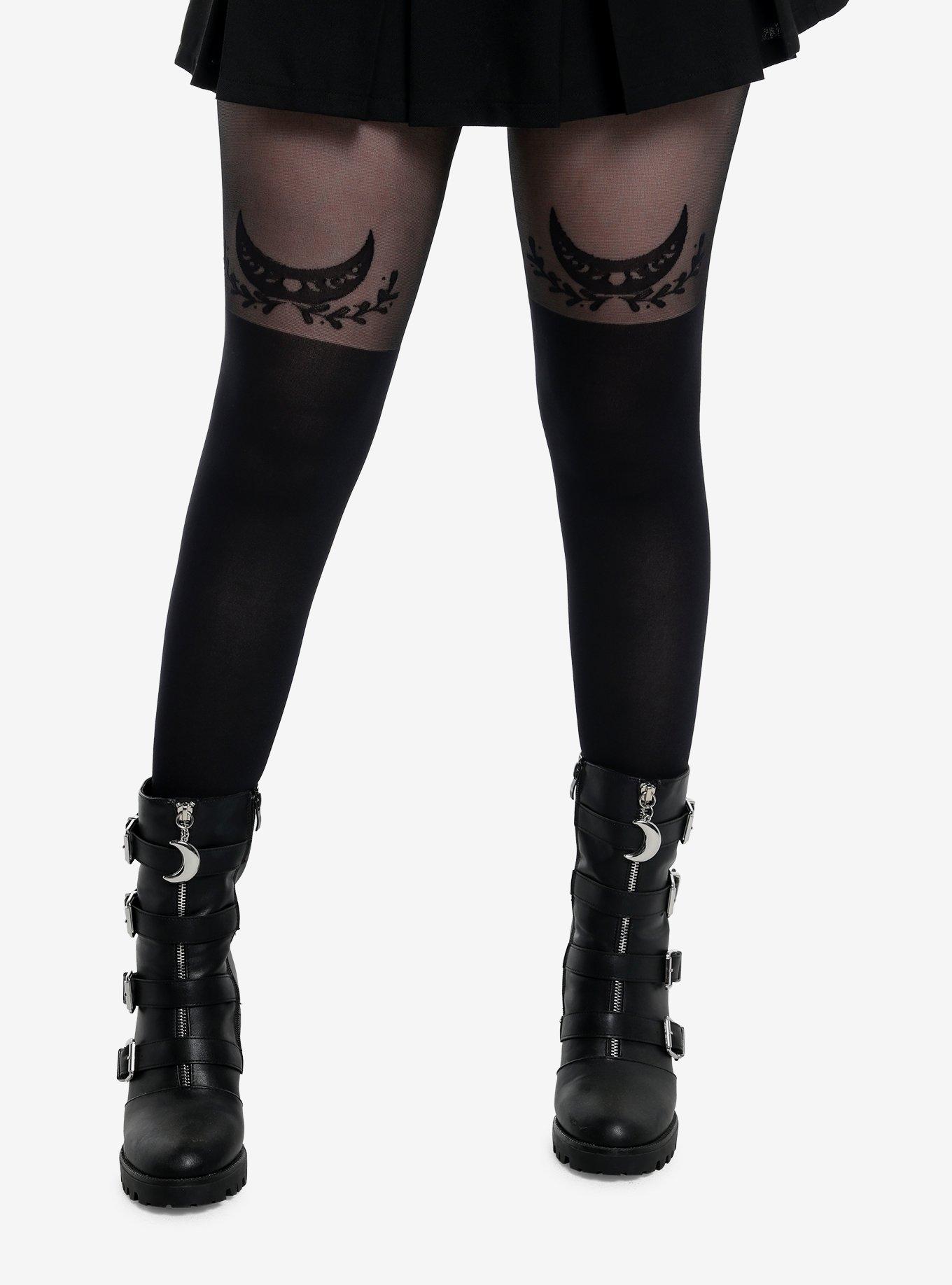 Black Witchy Moon Faux Thigh High Tights, , hi-res