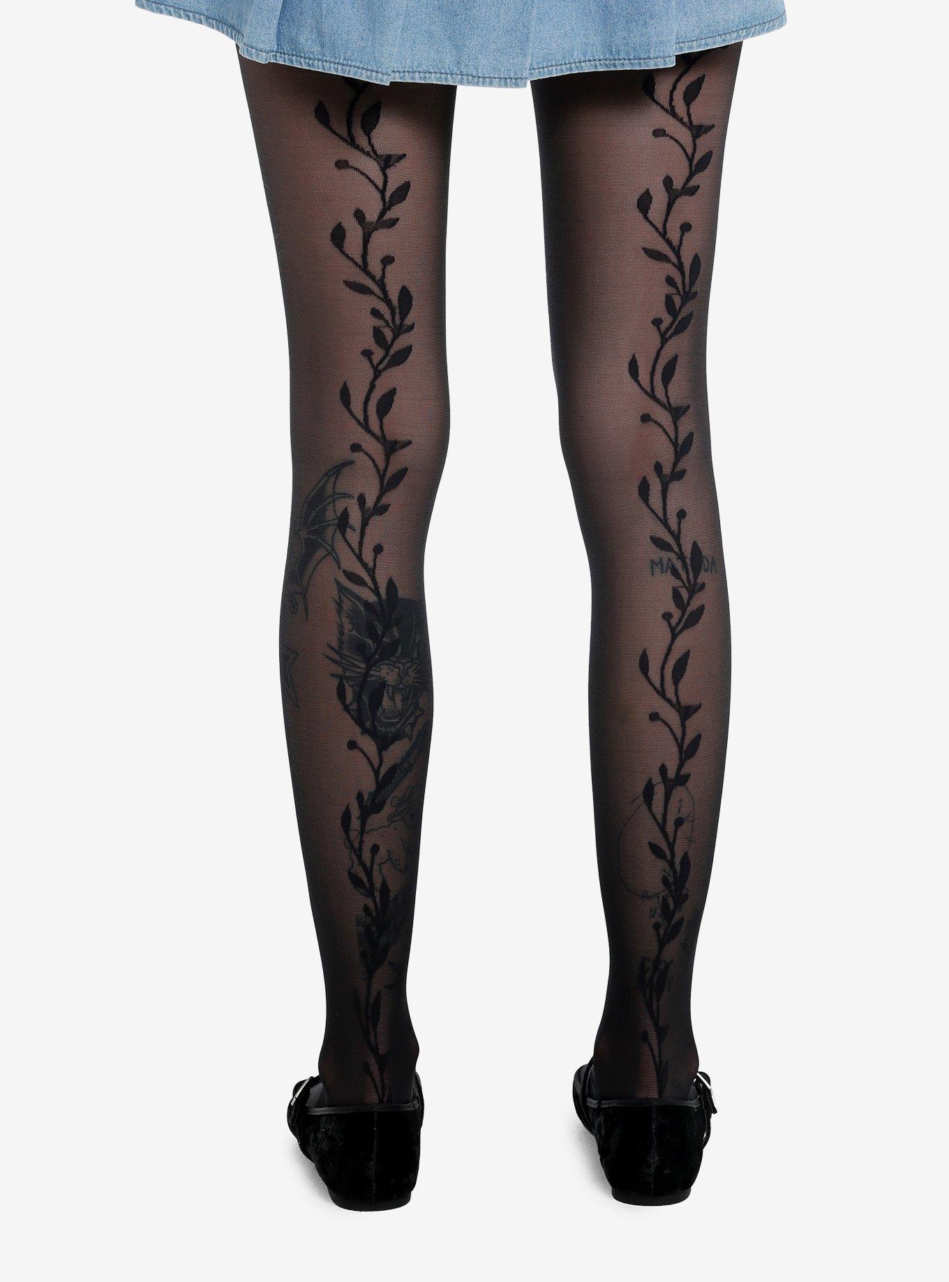 Black Vine Back Seam Tights, , hi-res