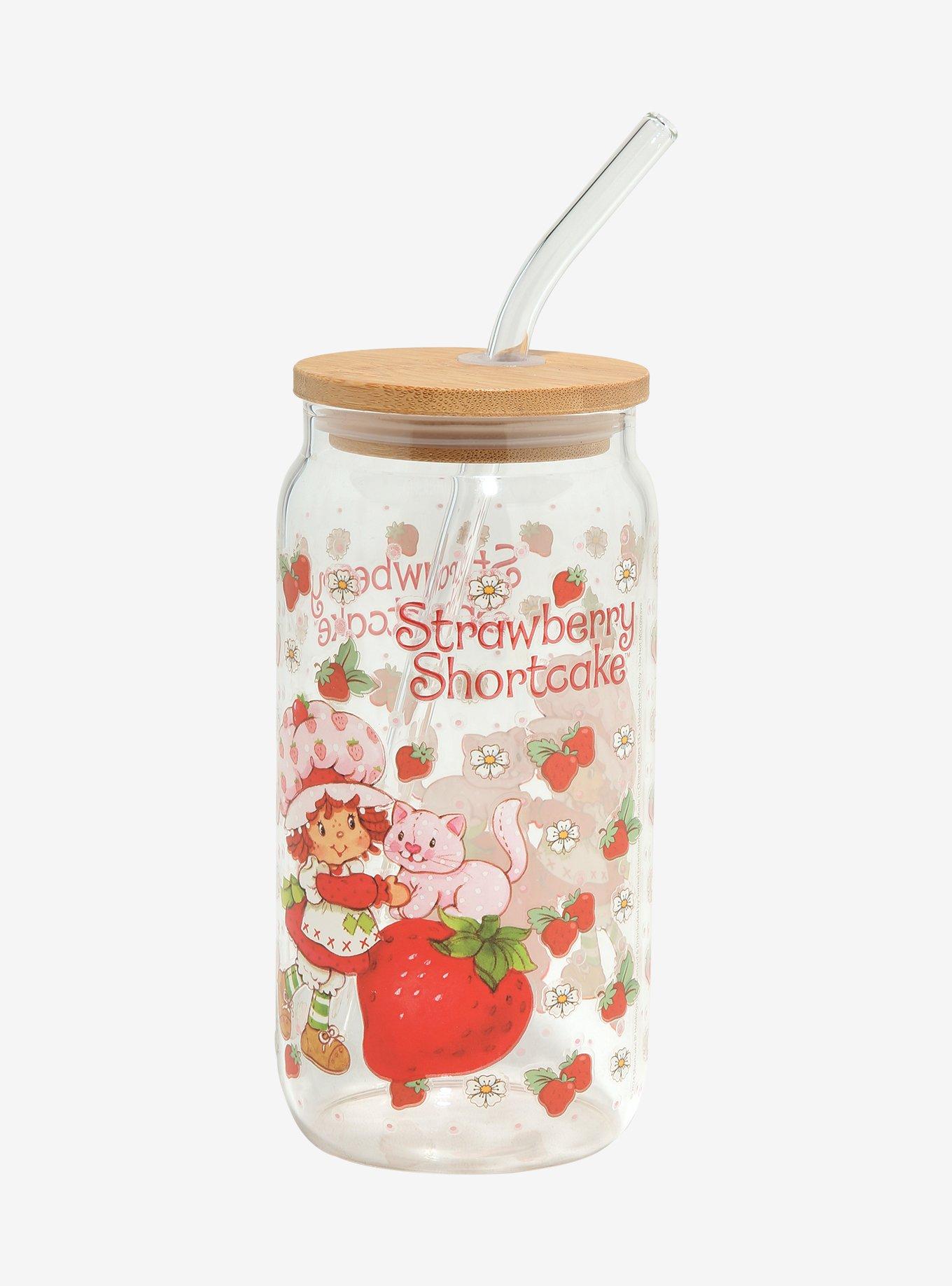 Strawberry Shortcake Custard & Strawberry Allover Print Glass Cup with Straw - BoxLunch Exclusive, , hi-res