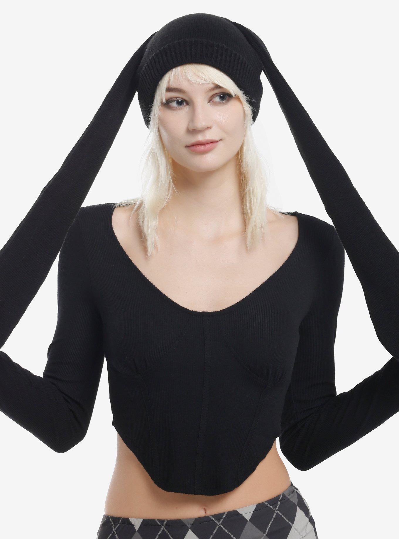 Black Bunny Ear Beanie, , hi-res