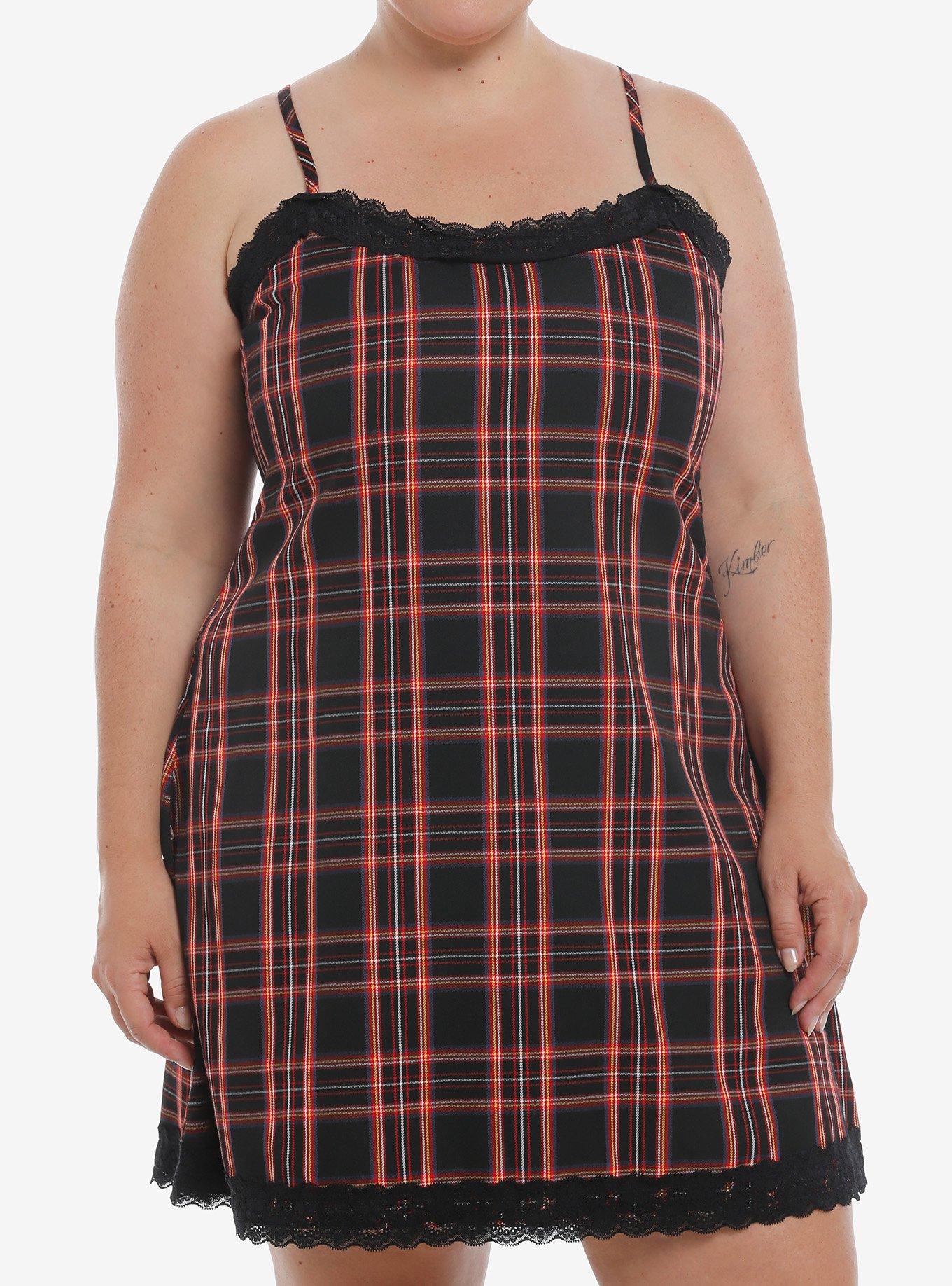 Social Collision Red Plaid Slip Dress Plus Size, BLACK, hi-res