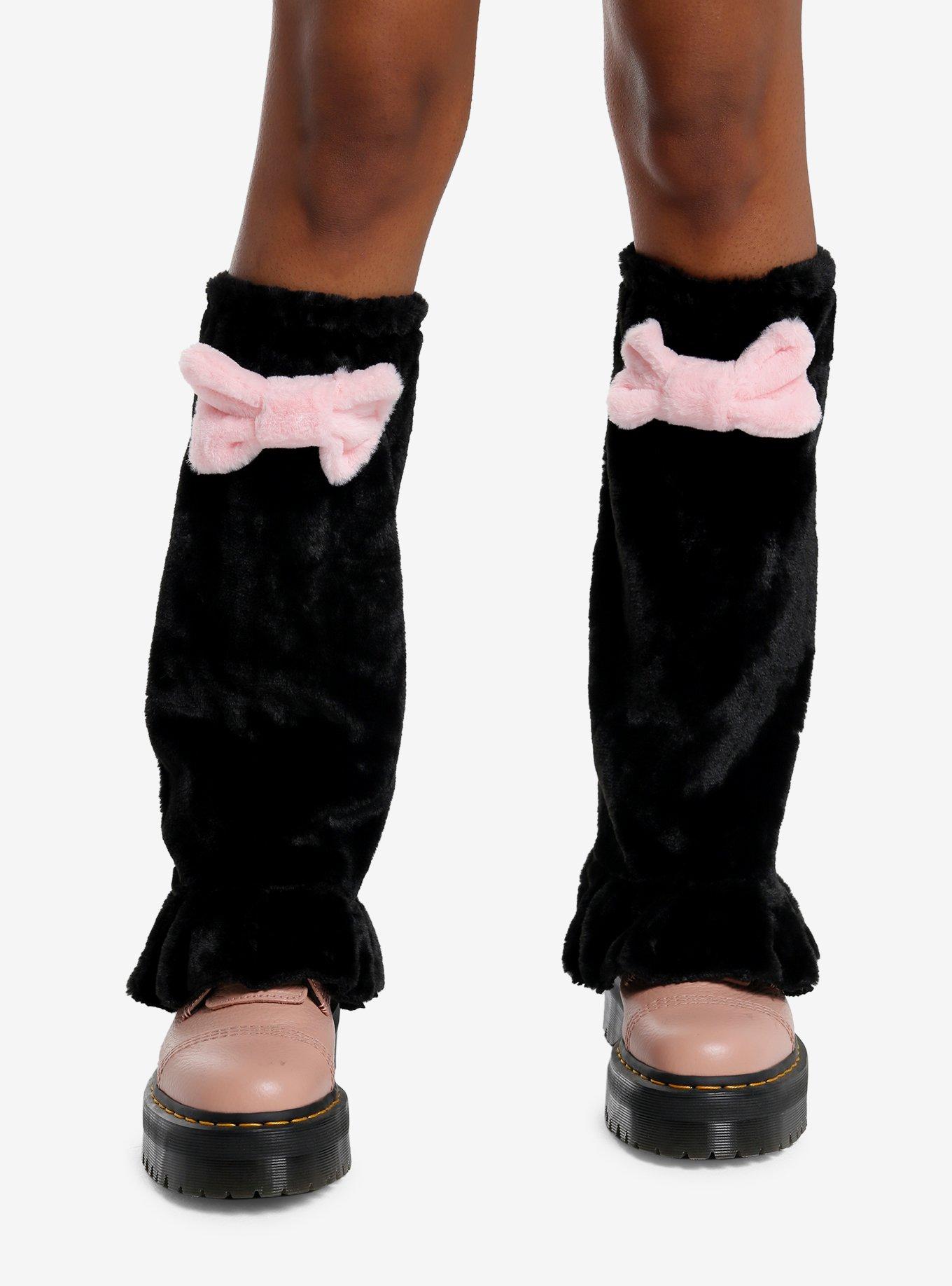 Fuzzy Pink Bow Black Leg Warmers, , hi-res