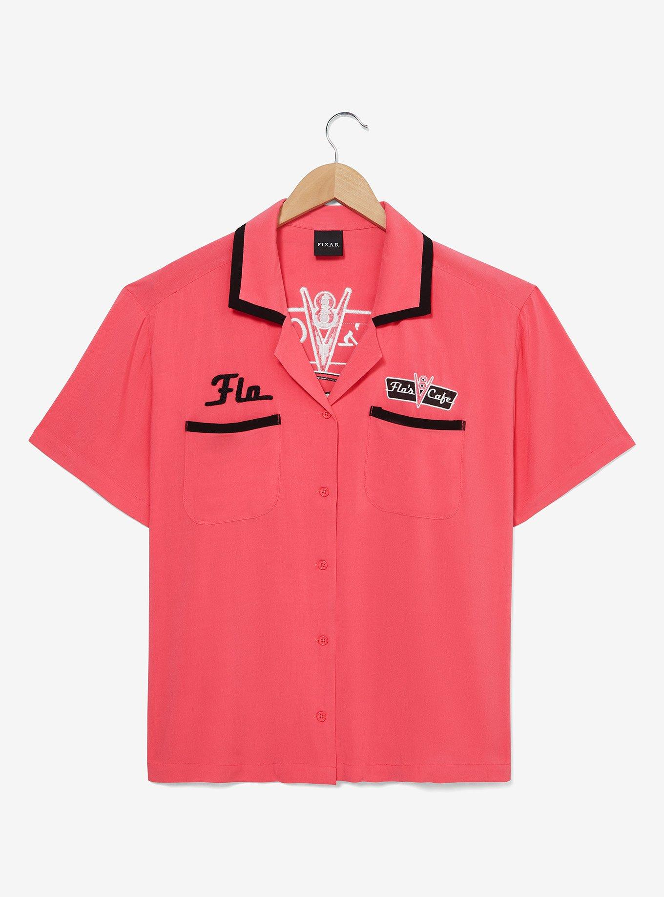 Disney Pixar Cars Flo's Cafe Women's Plus Size Cropped Woven Button-Up — BoxLunch Exclusive, , hi-res