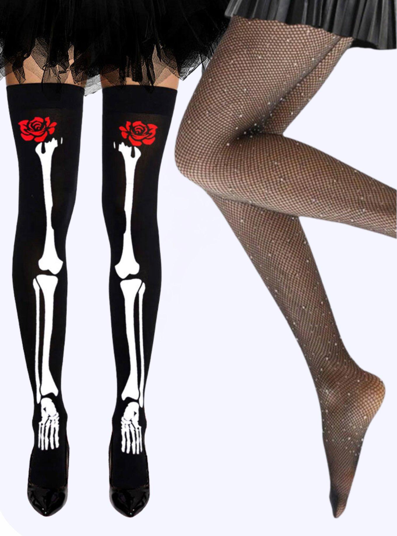 Skeleton Thigh High Socks and Rhinestone Fishnet Tights Set, , hi-res