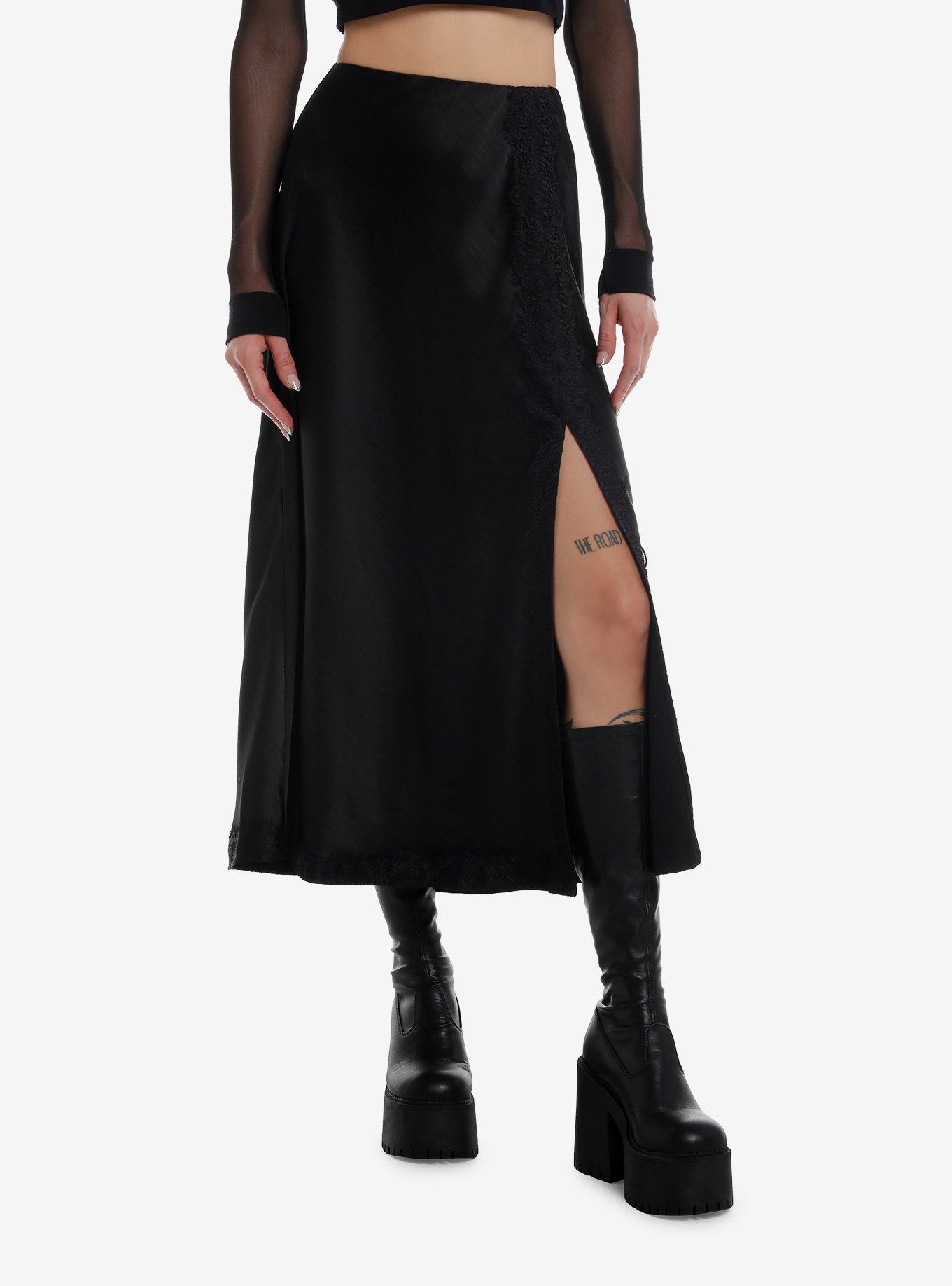 Social Collision Black Satin Slit Midi Skirt, , hi-res