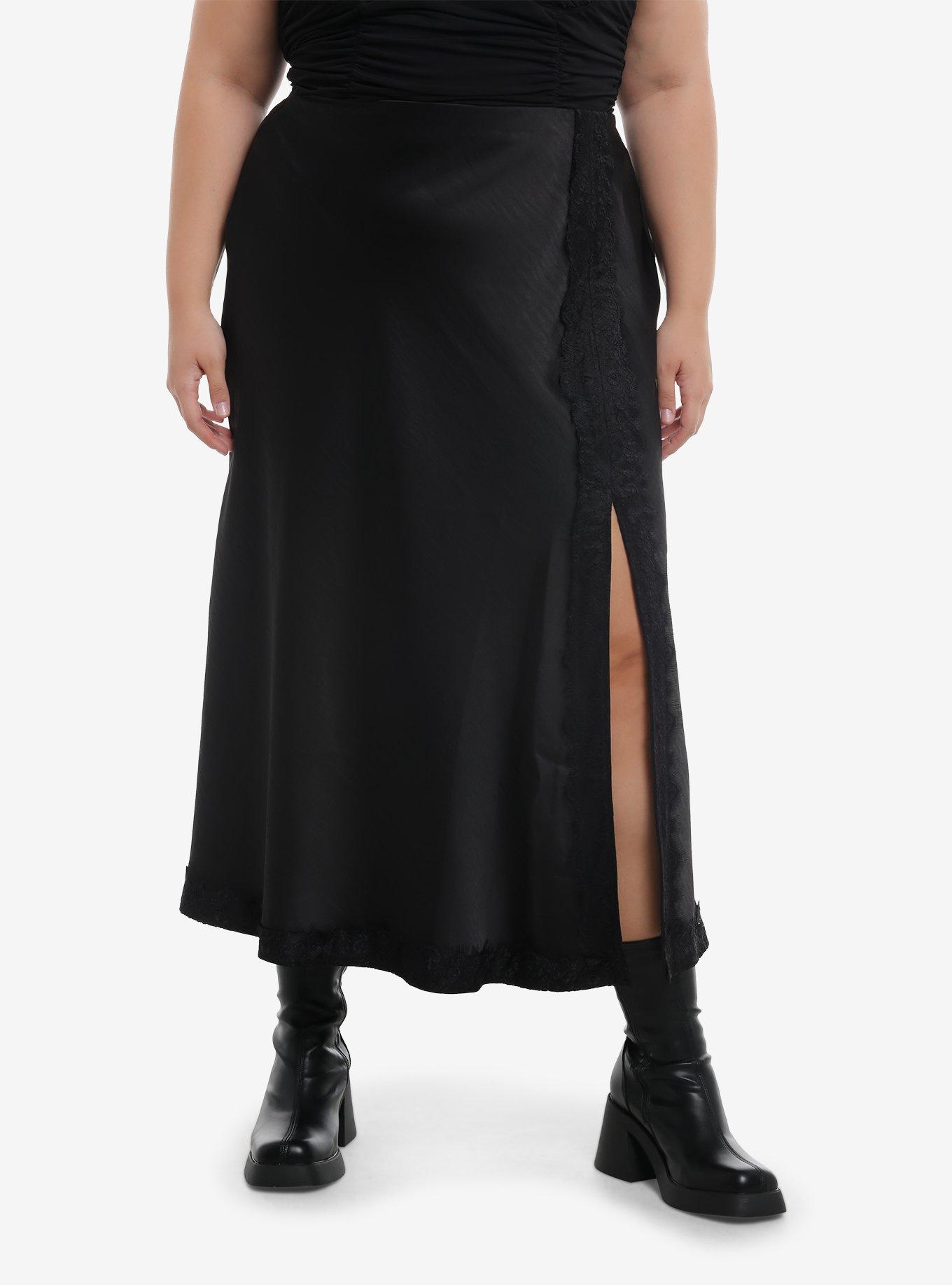 Social Collision Black Satin Slit Midi Skirt Plus Size, , hi-res