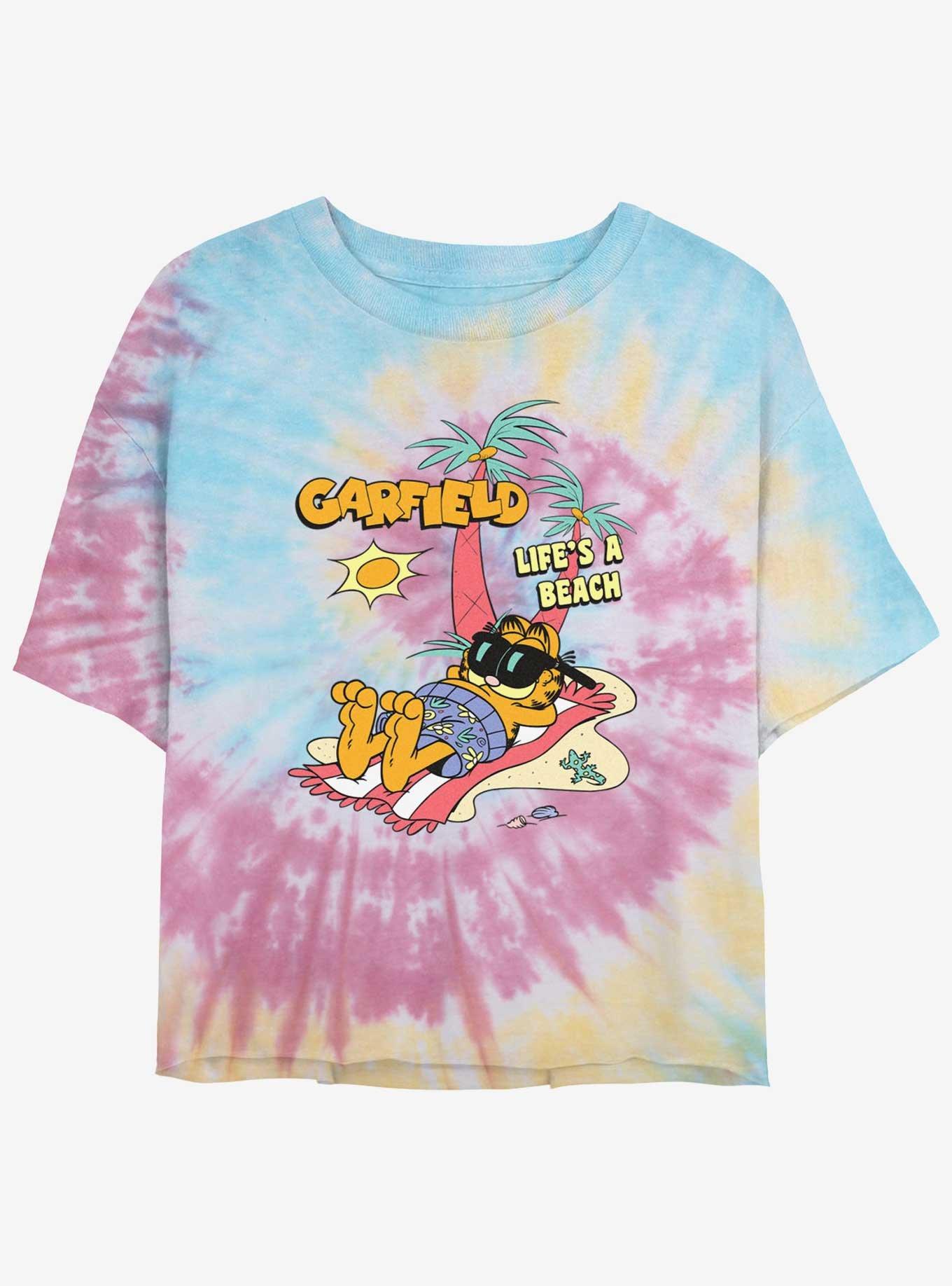 Garfield Cat On The Beach Womens Tie-Dye Crop T-Shirt, BLUPNKLY, hi-res