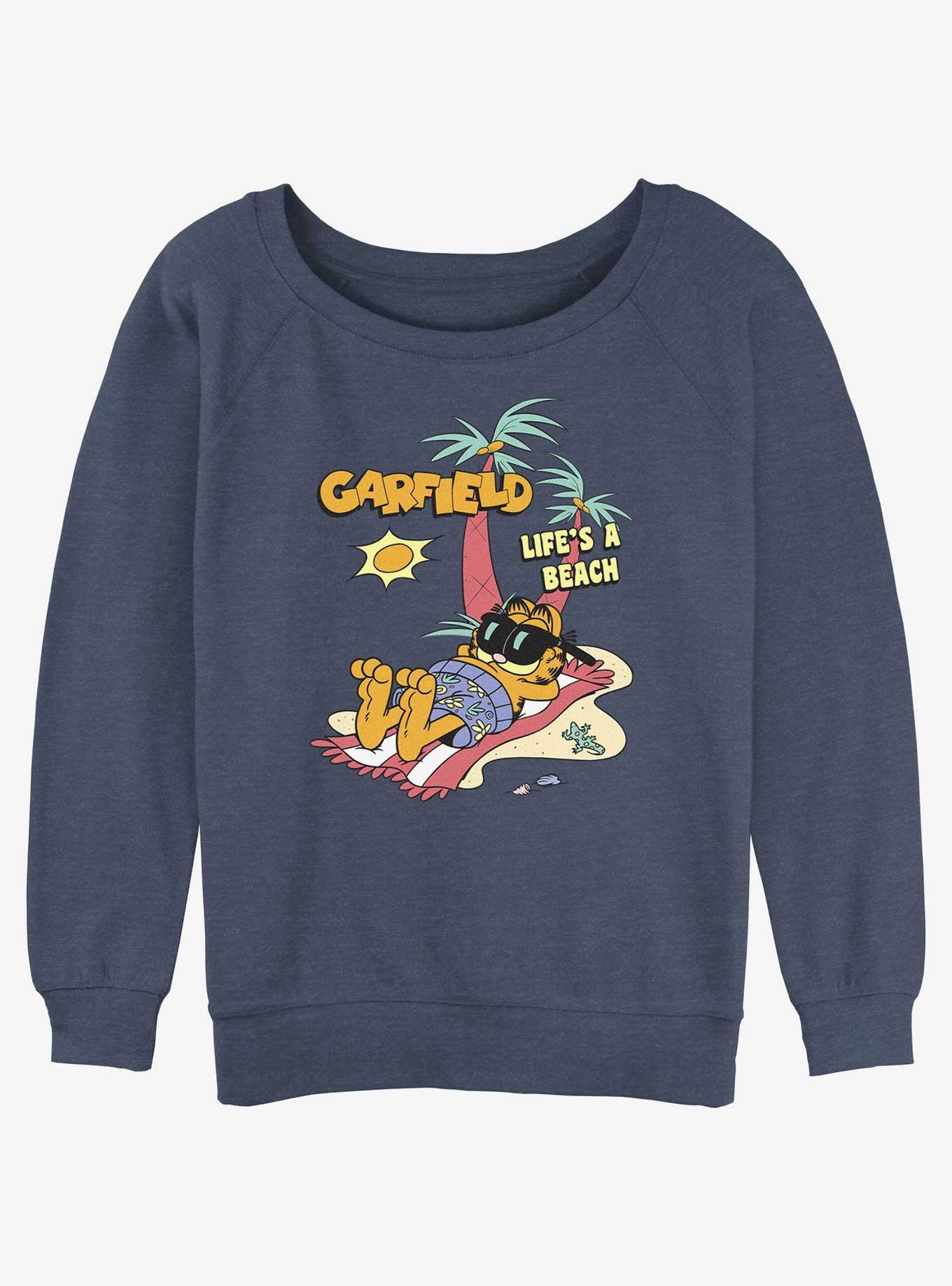 Garfield Cat On The Beach Womens Slouchy Sweatshirt, BLUEHTR, hi-res