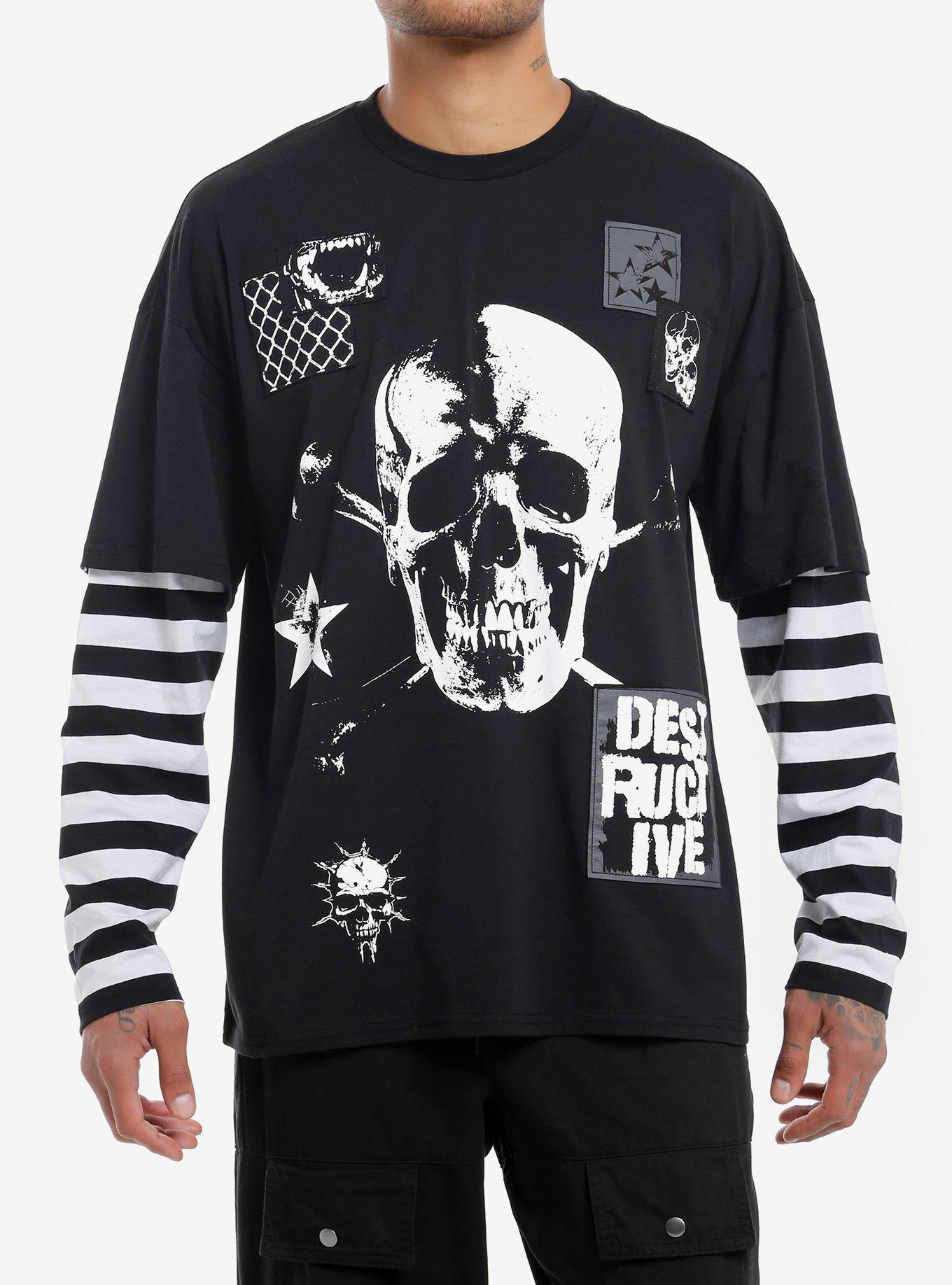 Social Collision Skull Patches Stripe Twofer Long-Sleeve T-Shirt, , hi-res
