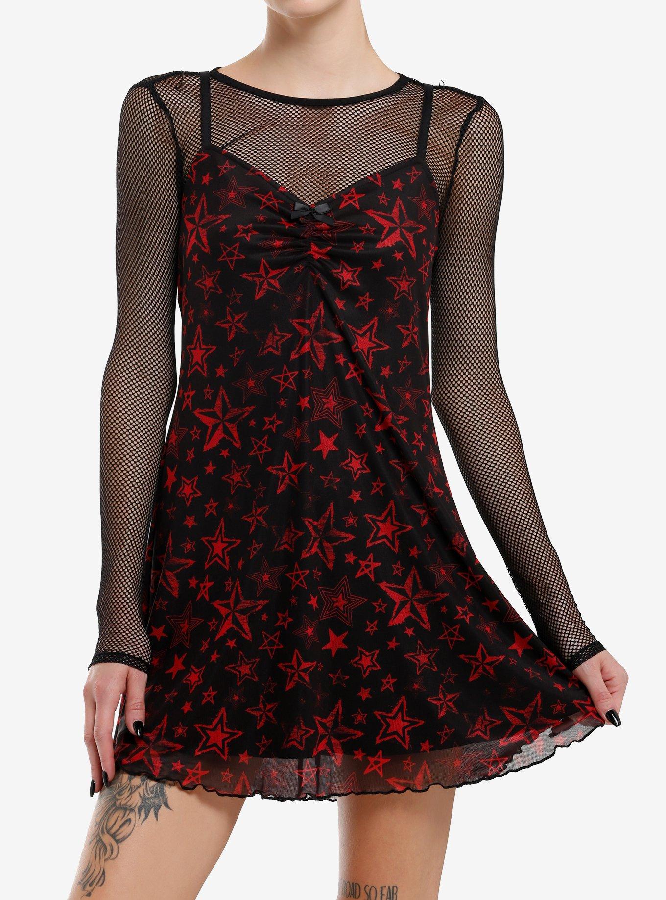 Social Collision Red Star Mesh Girls Twofer Dress, BLACK, hi-res