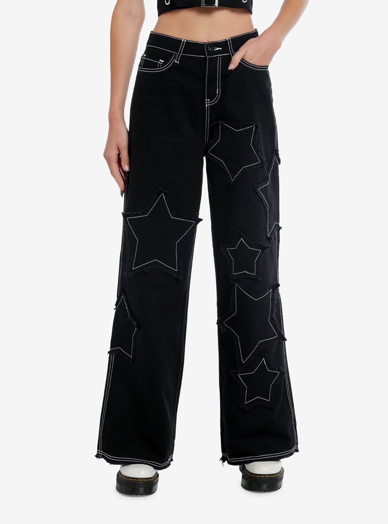 Black Frayed Star Patch Wide Leg Pants