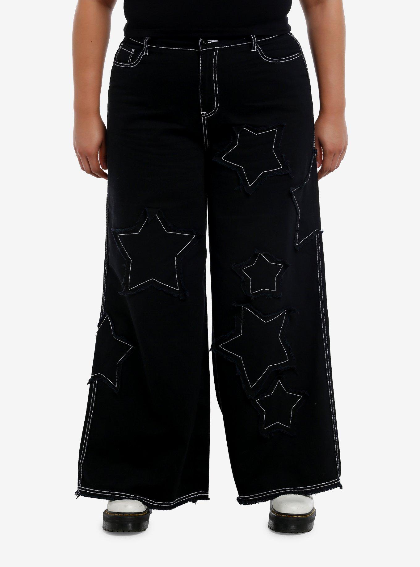 Black Frayed Star Patch Wide Leg Pants Plus Size, , hi-res