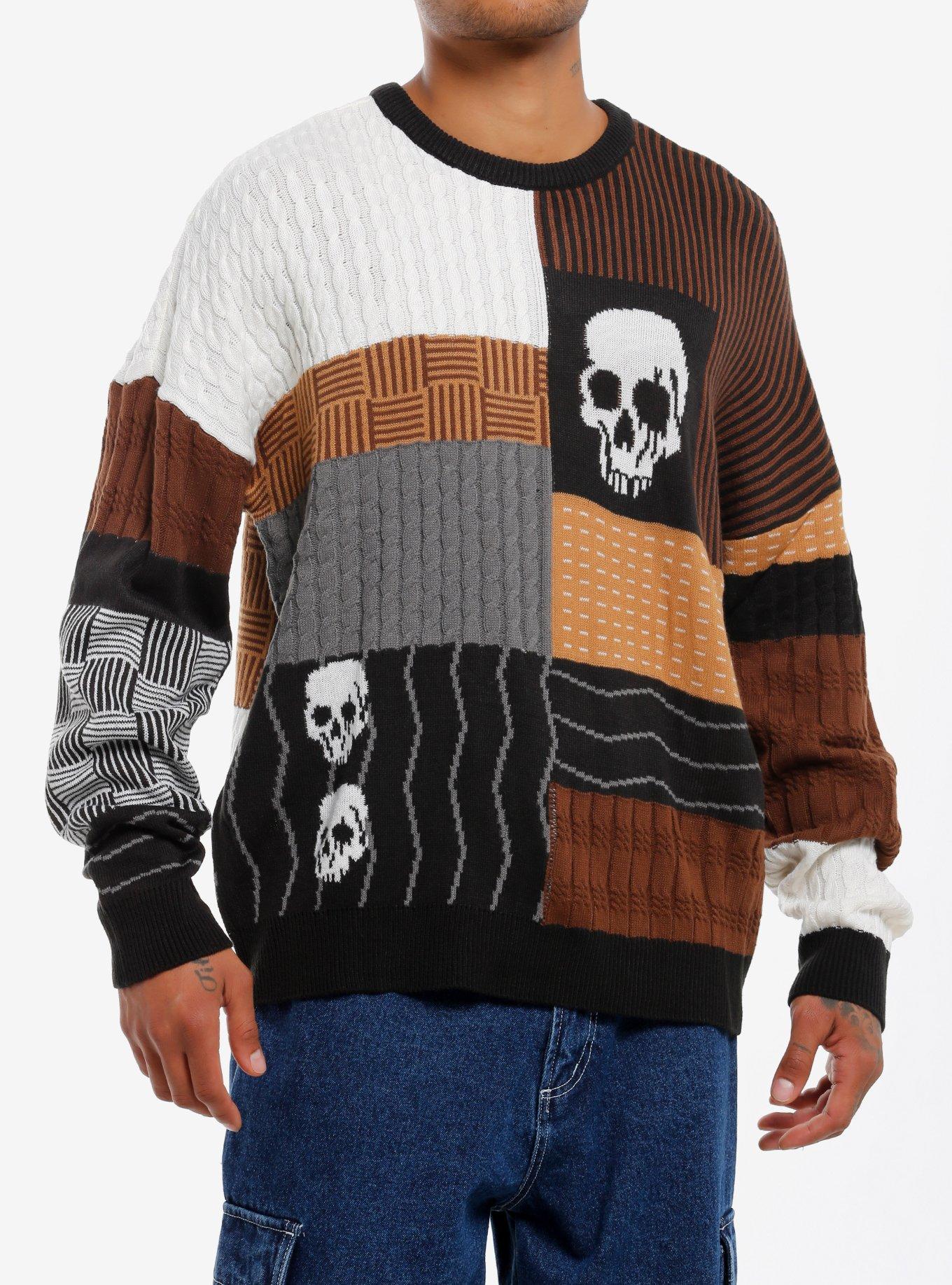 Skull Brown Patchwork Sweater, MULTI, hi-res