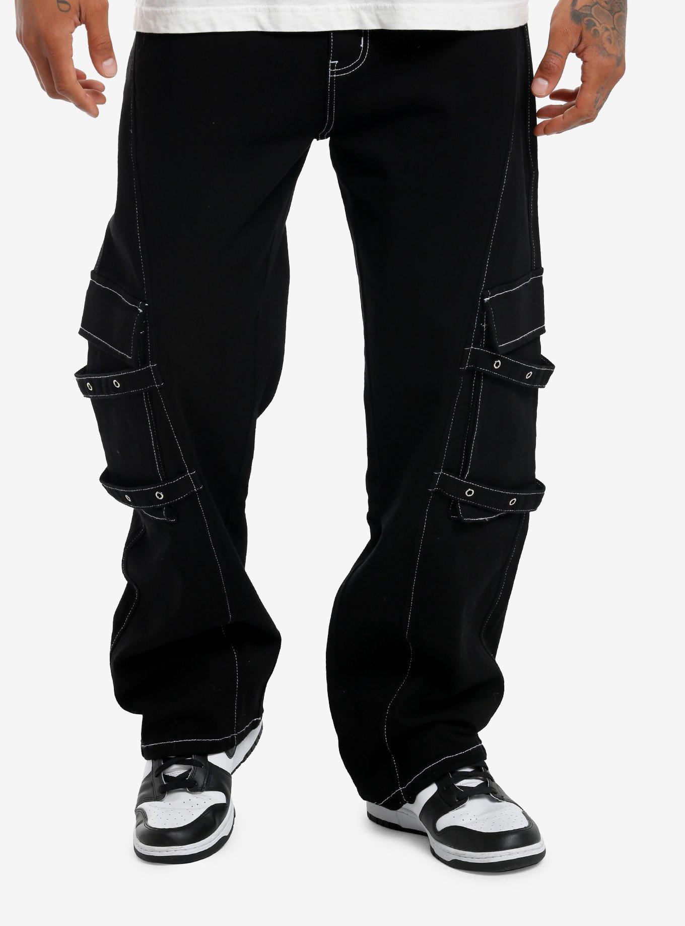 Black & White Contrast Stitch Grommet Strap Cargo Pants, , hi-res