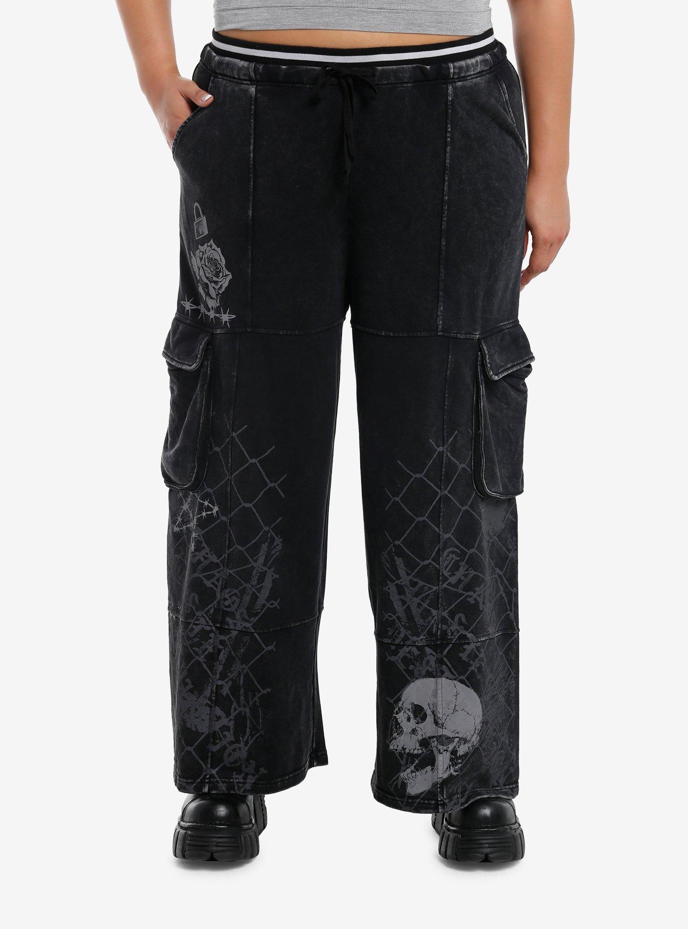 Black Skull & Barbed Wire Girls Wide Leg Lounge Pants Plus Size, , hi-res