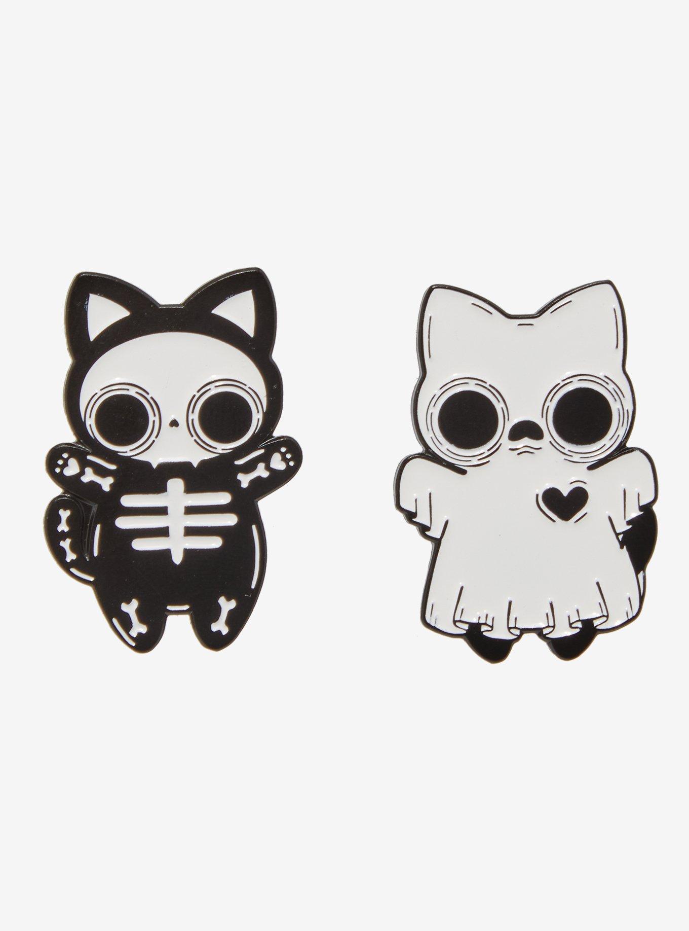 Skeleton & Ghost Cat Enamel Pin Set By Pvmpkin, , hi-res