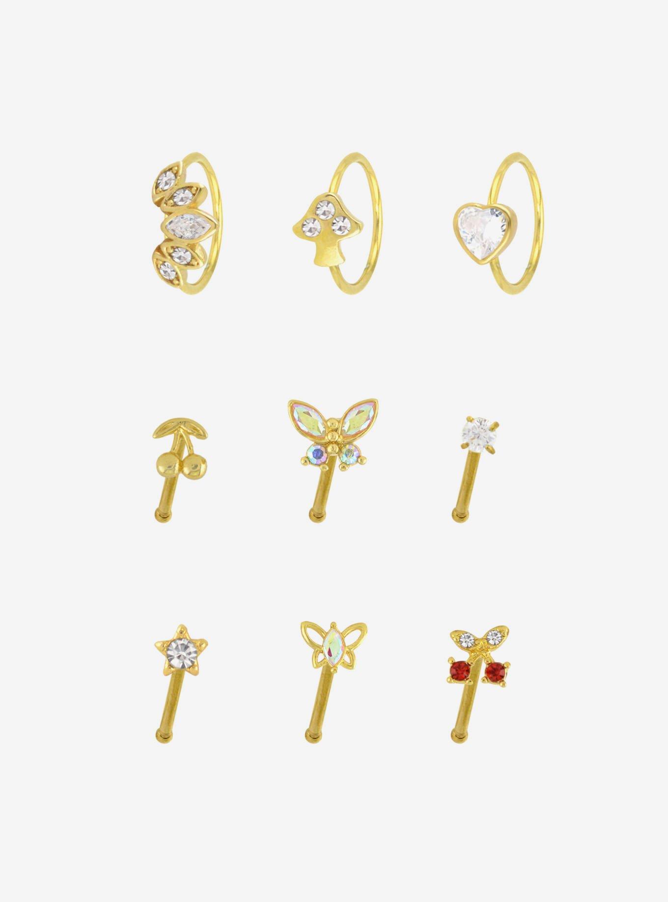 Steel Butterfly Mushroom Heart Nose Stud & Hoop 9 Pack, , hi-res