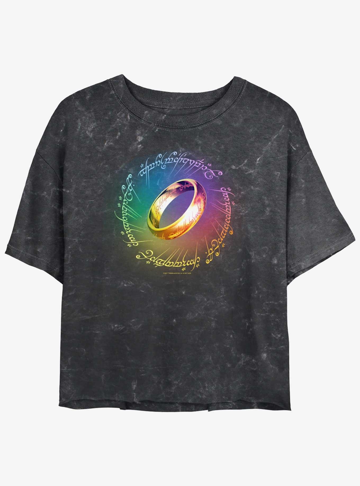 The Lord Of The Rings The One Ring Rainbow Womens Mineral Wash Crop T-Shirt, BLACK, hi-res