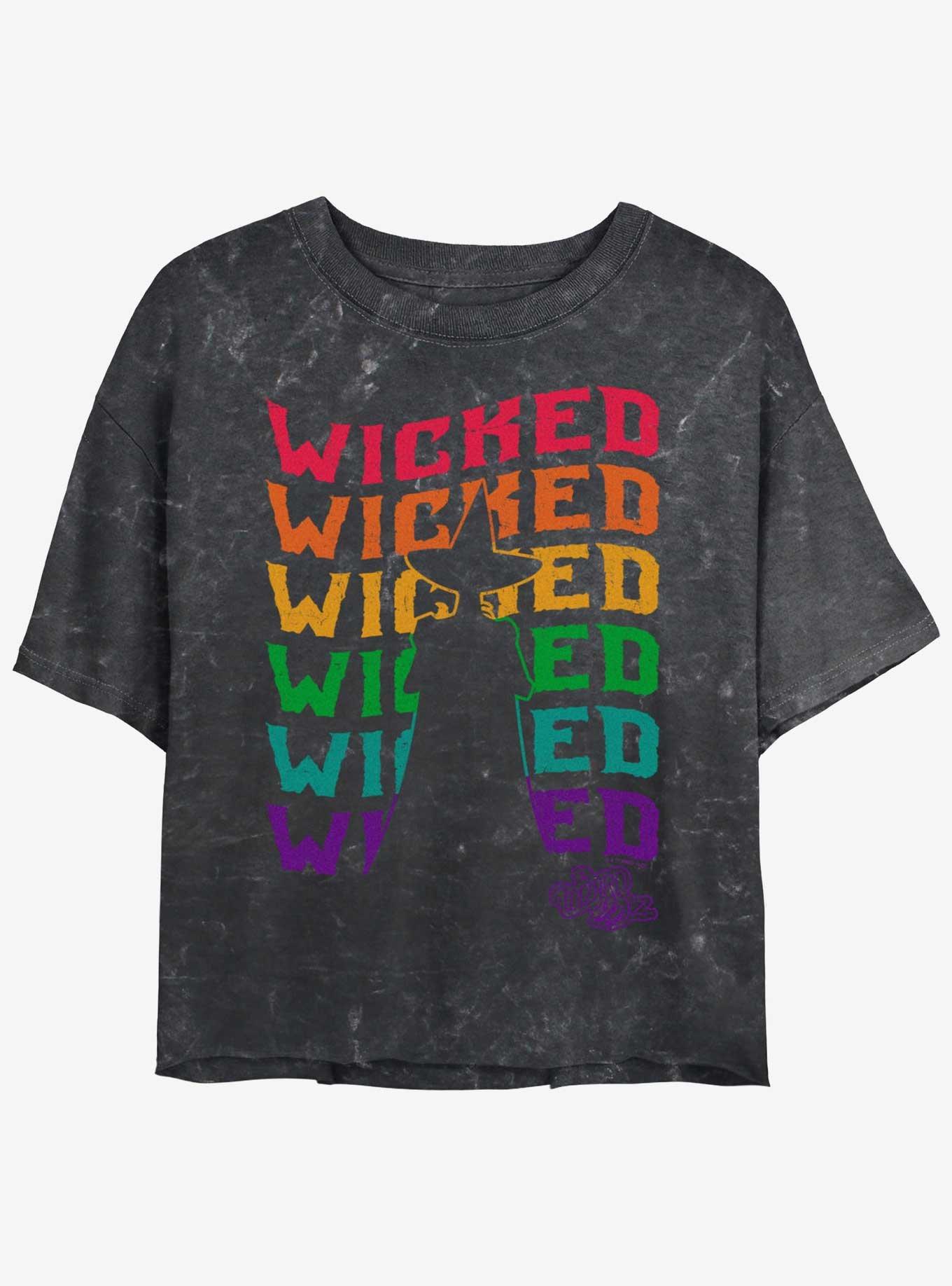 Wizard Of Oz Wicked Rainbow Repeat Womens Mineral Wash Crop T-Shirt, BLACK, hi-res