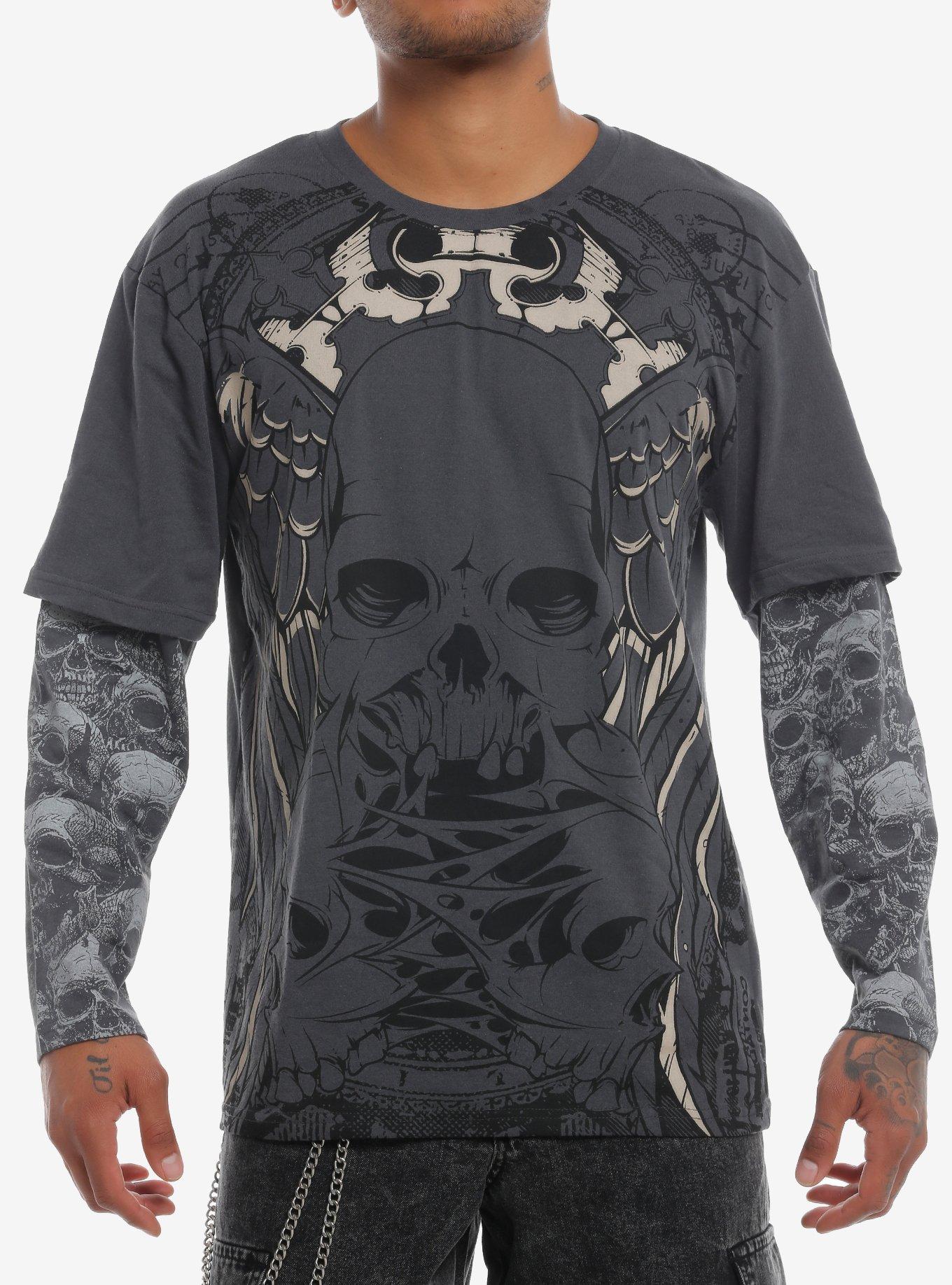 Skulls Grey Oversized Twofer Long-Sleeve T-Shirt, , hi-res