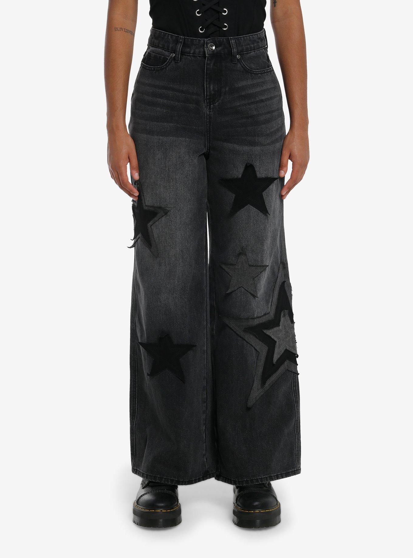 Black Wash Star Patch Wide Leg Jeans, , hi-res
