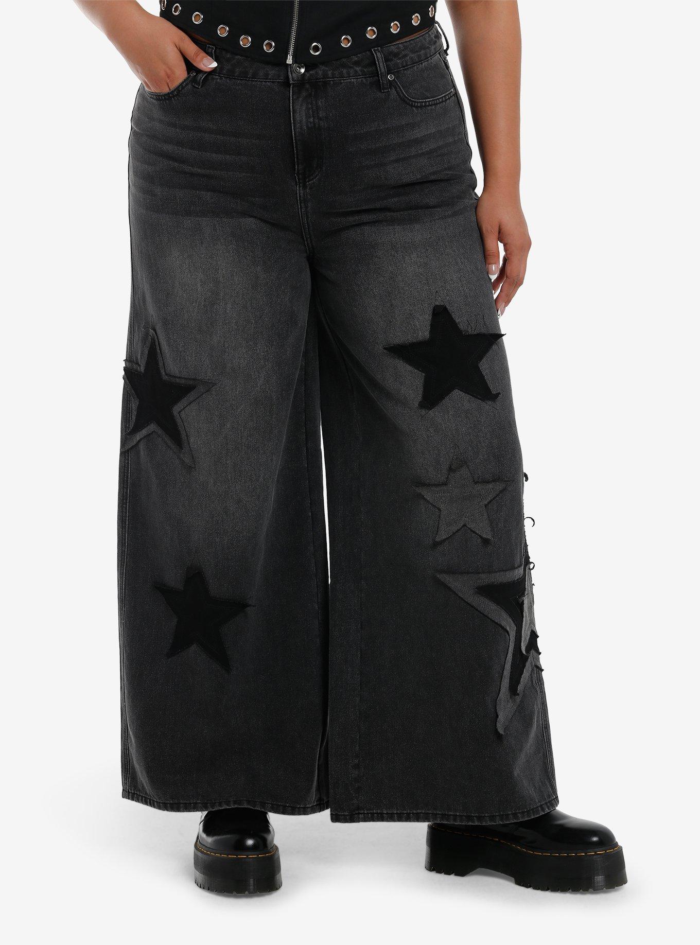 Black Wash Star Patch Wide Leg Jeans Plus Size, , hi-res