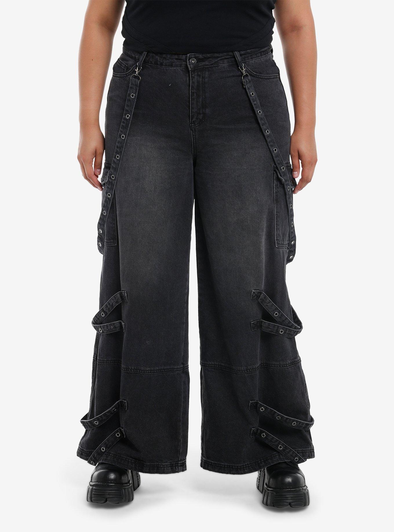 Black Wash Grommets & Straps Wide Leg Jeans Plus Size, , hi-res