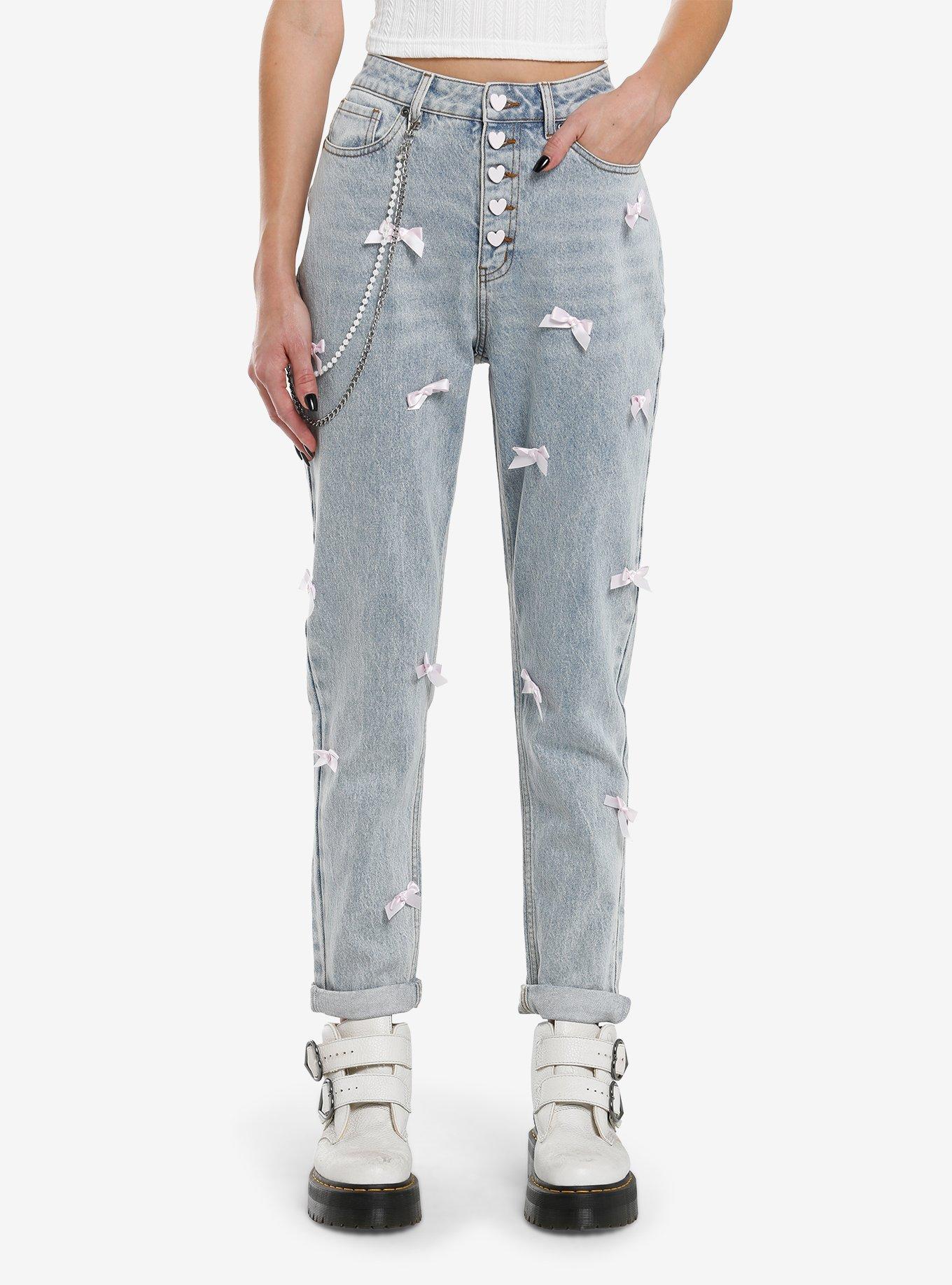 Sweet Society Pink Bow Side Chain Mom Jeans, , hi-res