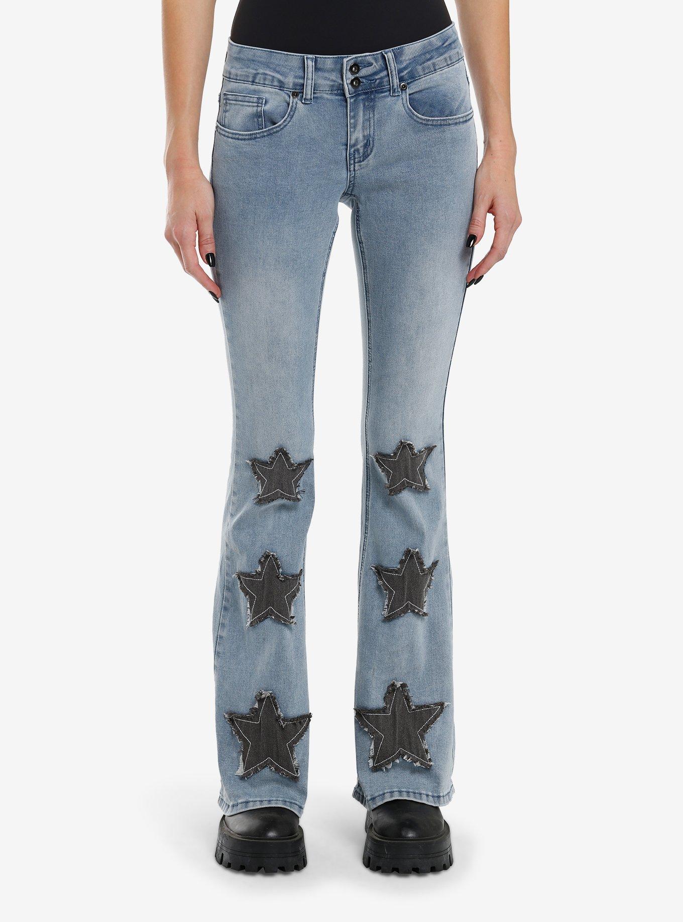 Light Indigo Star Patch Flare Denim Pants, , hi-res