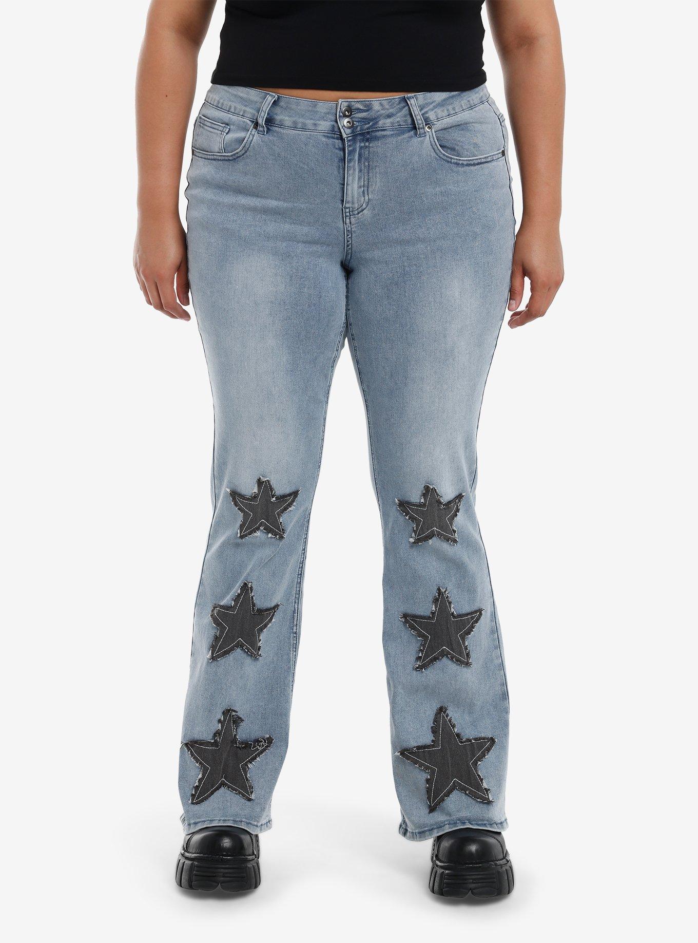 Light Indigo Star Patch Flare Denim Pants Plus