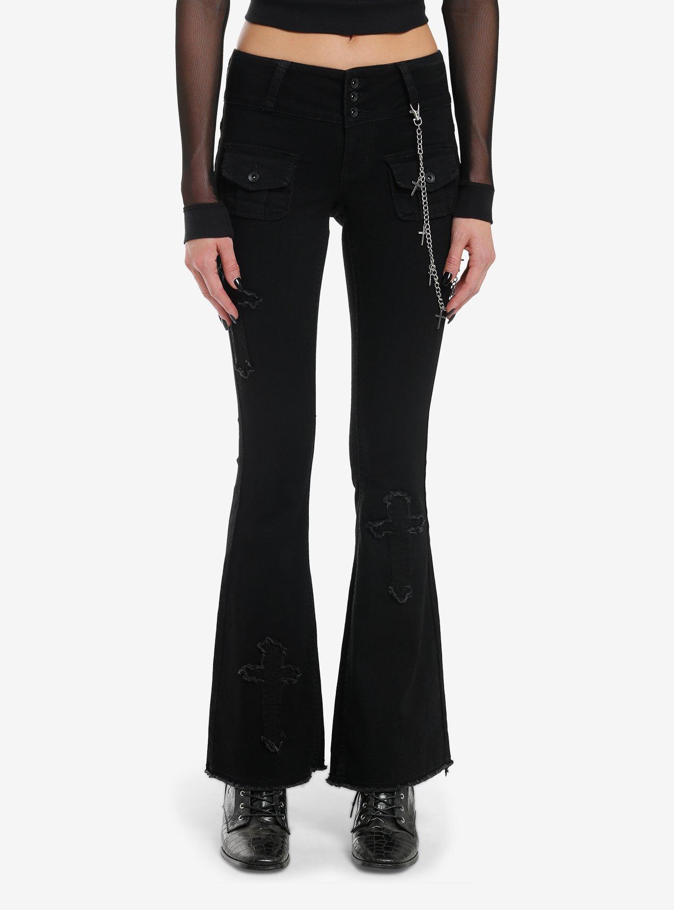 Black Cross Patch Side Chain Flare Pants