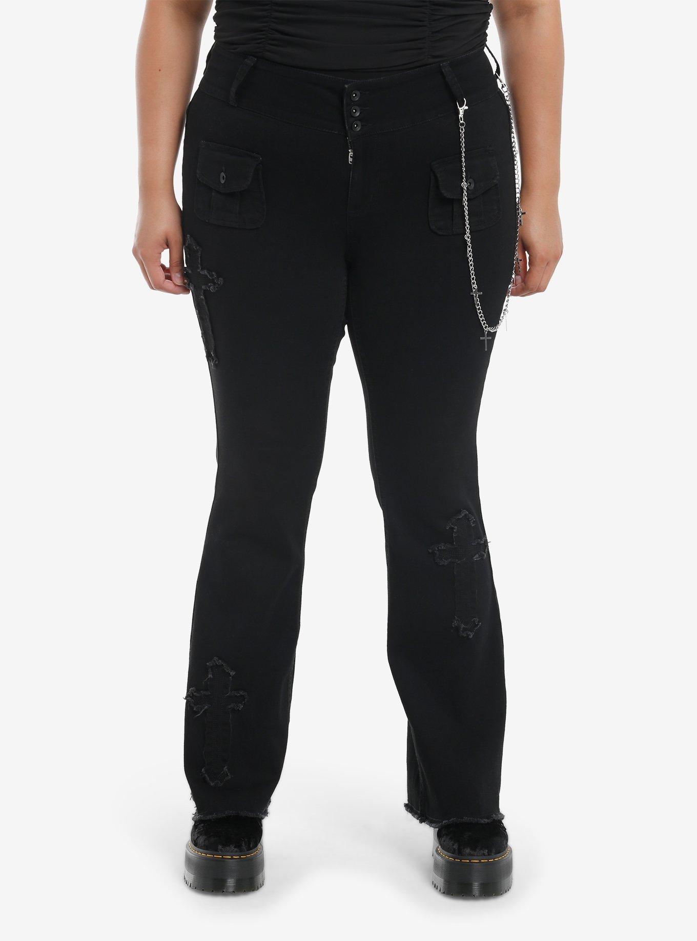 Black Cross Patch Side Chain Flare Pants Plus Size, , hi-res