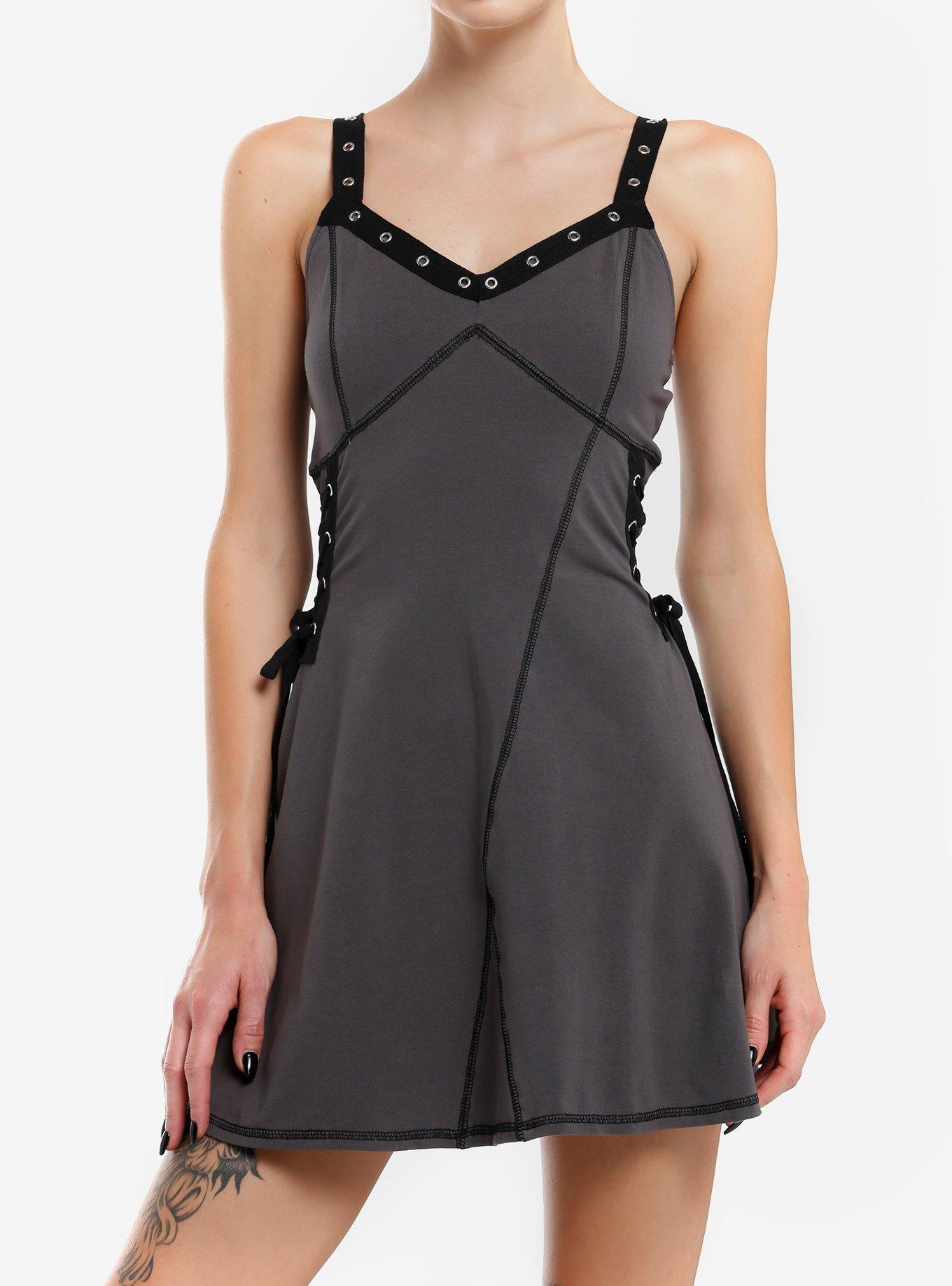 Social Collision Grey Grommet Strap Lace-Up Dress, BLACK, hi-res