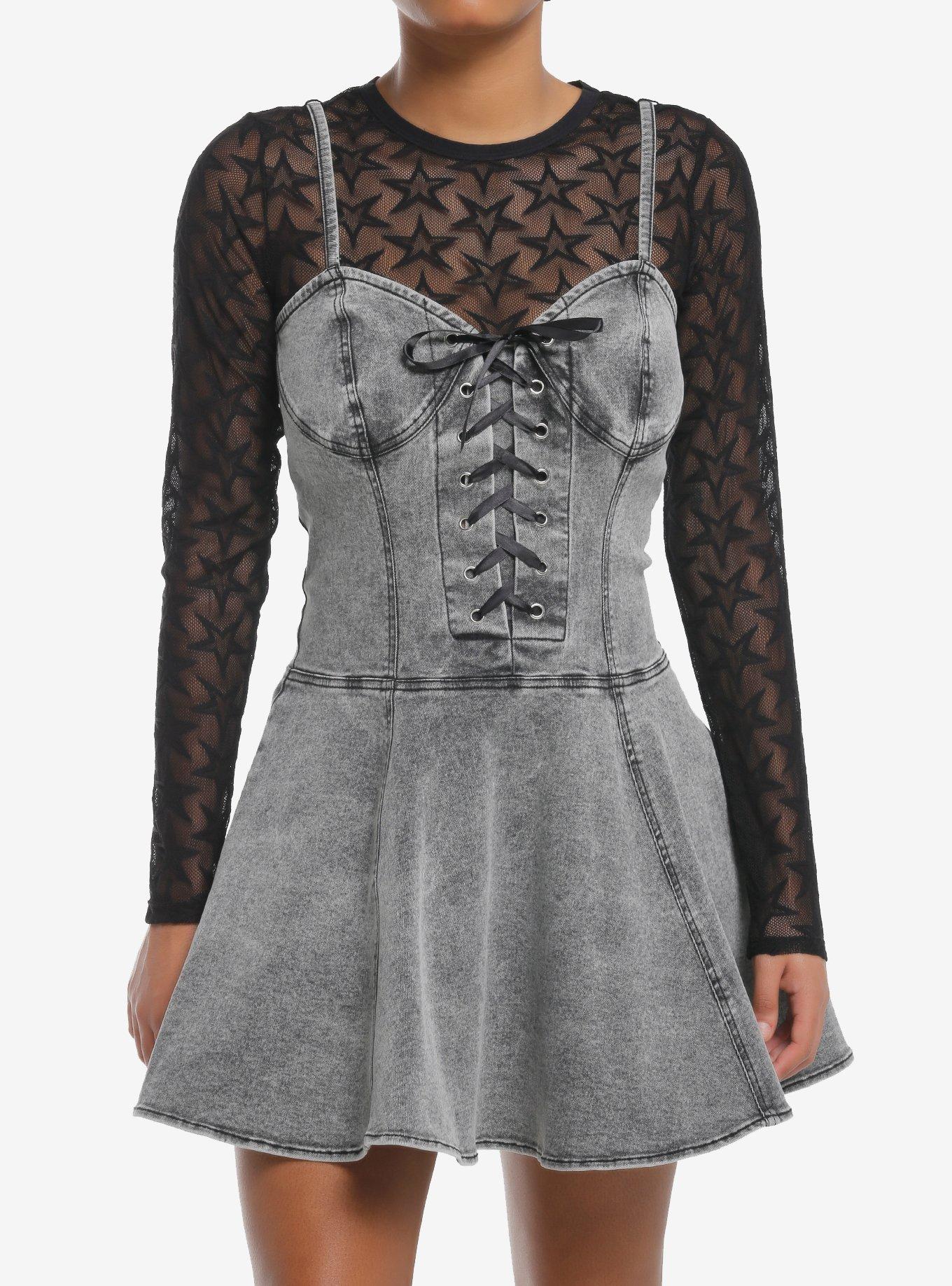 Social Collision Grey Denim & Black Star Mesh Twofer Dress, BLACK, hi-res