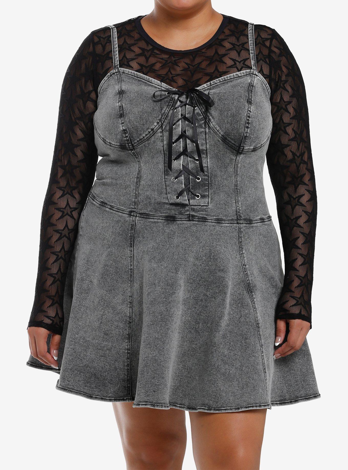 Social Collision Grey Denim & Black Star Mesh Twofer Dress Plus Size, BLACK, hi-res