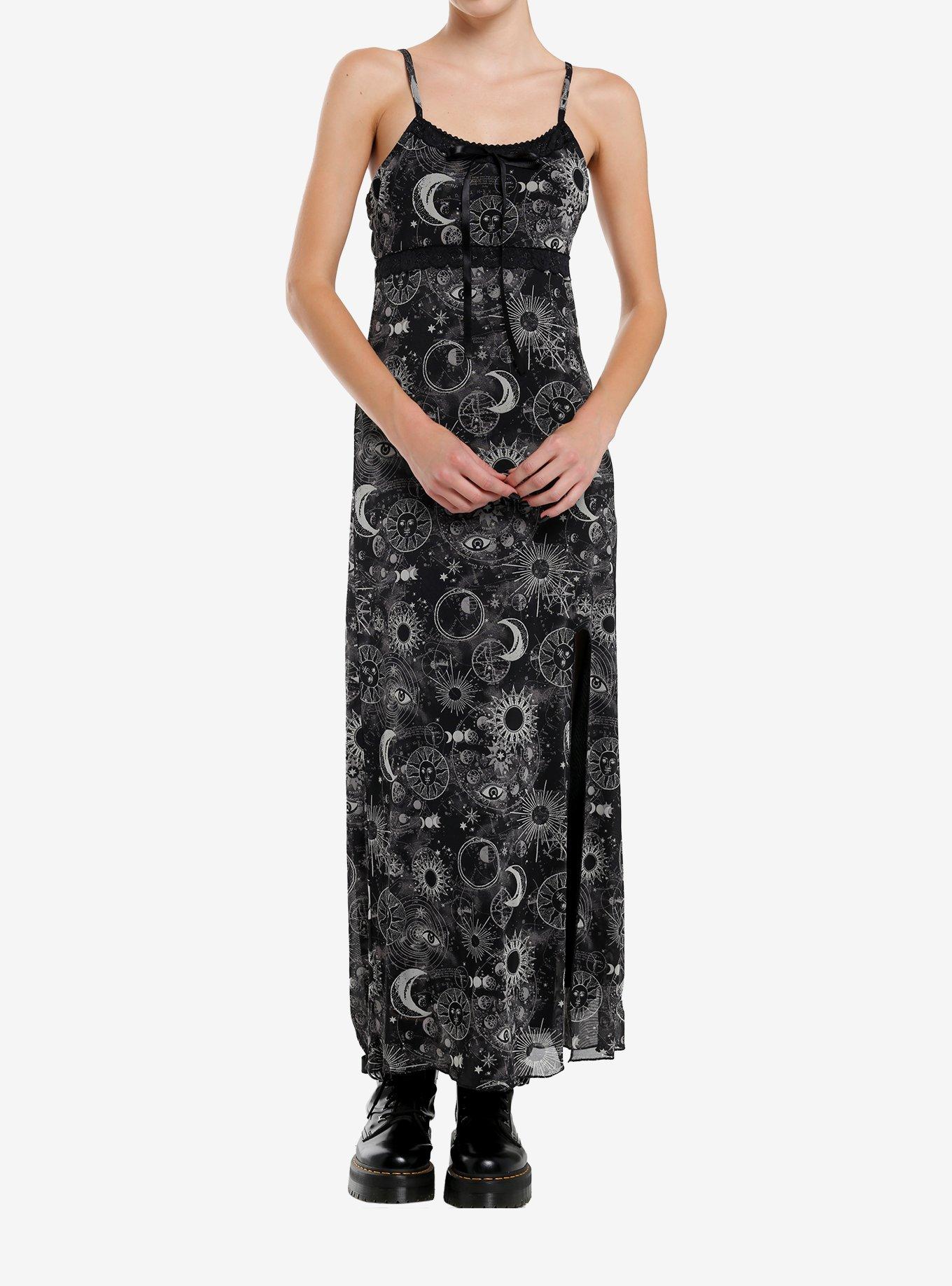 cosmic aura black lace slit maxi dress Cosmic Aura Celestial Slit Maxi Dress