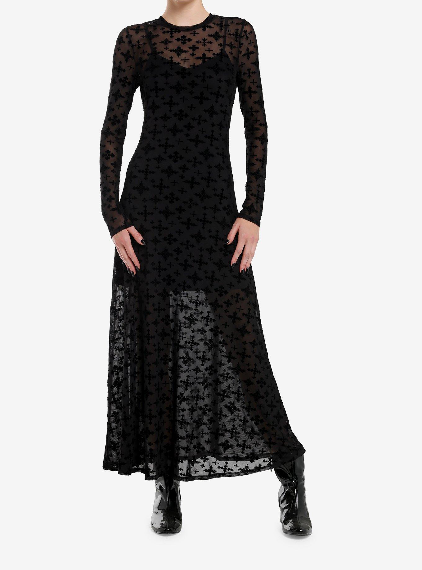 Cosmic Aura Flocked Cross Mesh Long-Sleeve Maxi Dress, , hi-res