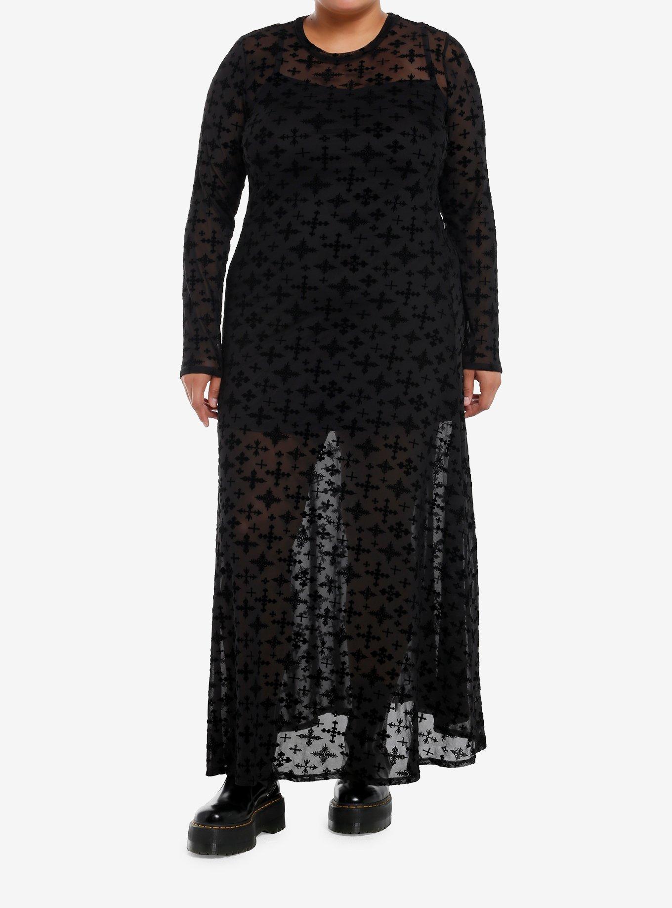 Cosmic Aura Flocked Cross Mesh Long-Sleeve Maxi Dress Plus Size, , hi-res