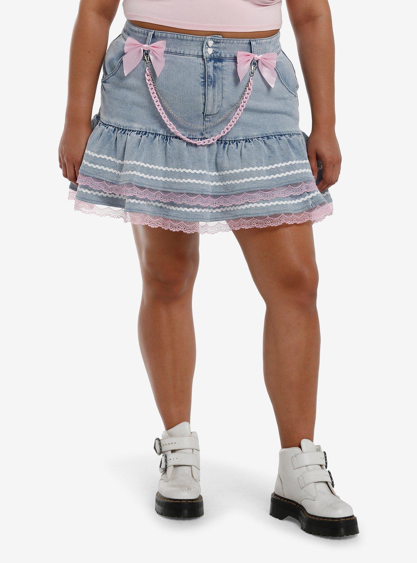 Sweet Society Light Blue Denim Pink Bow Ruffle Mini Skirt Plus Size, , hi-res
