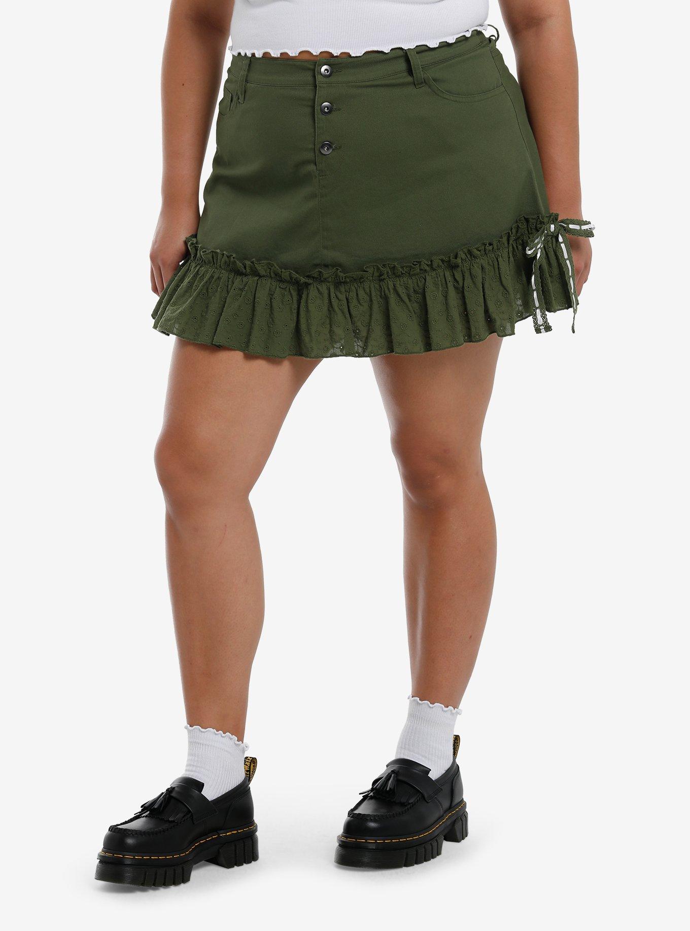 Thorn & Fable Olive Green Eyelet Ruffle Mini Skirt Plus Size, , hi-res