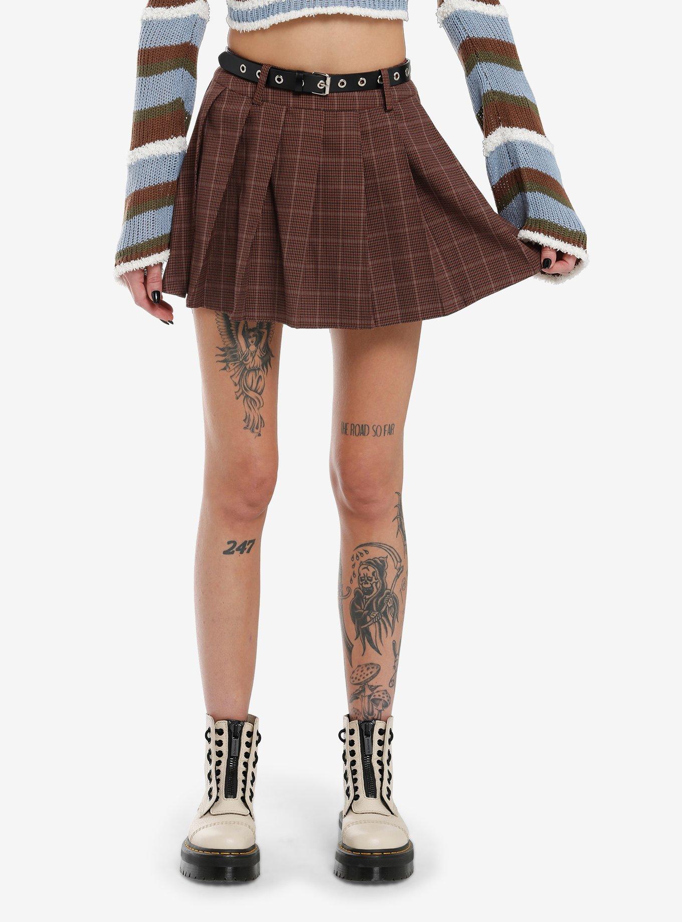 Thorn & Fable Brown Pleated Skirt With Grommet Belt, , hi-res