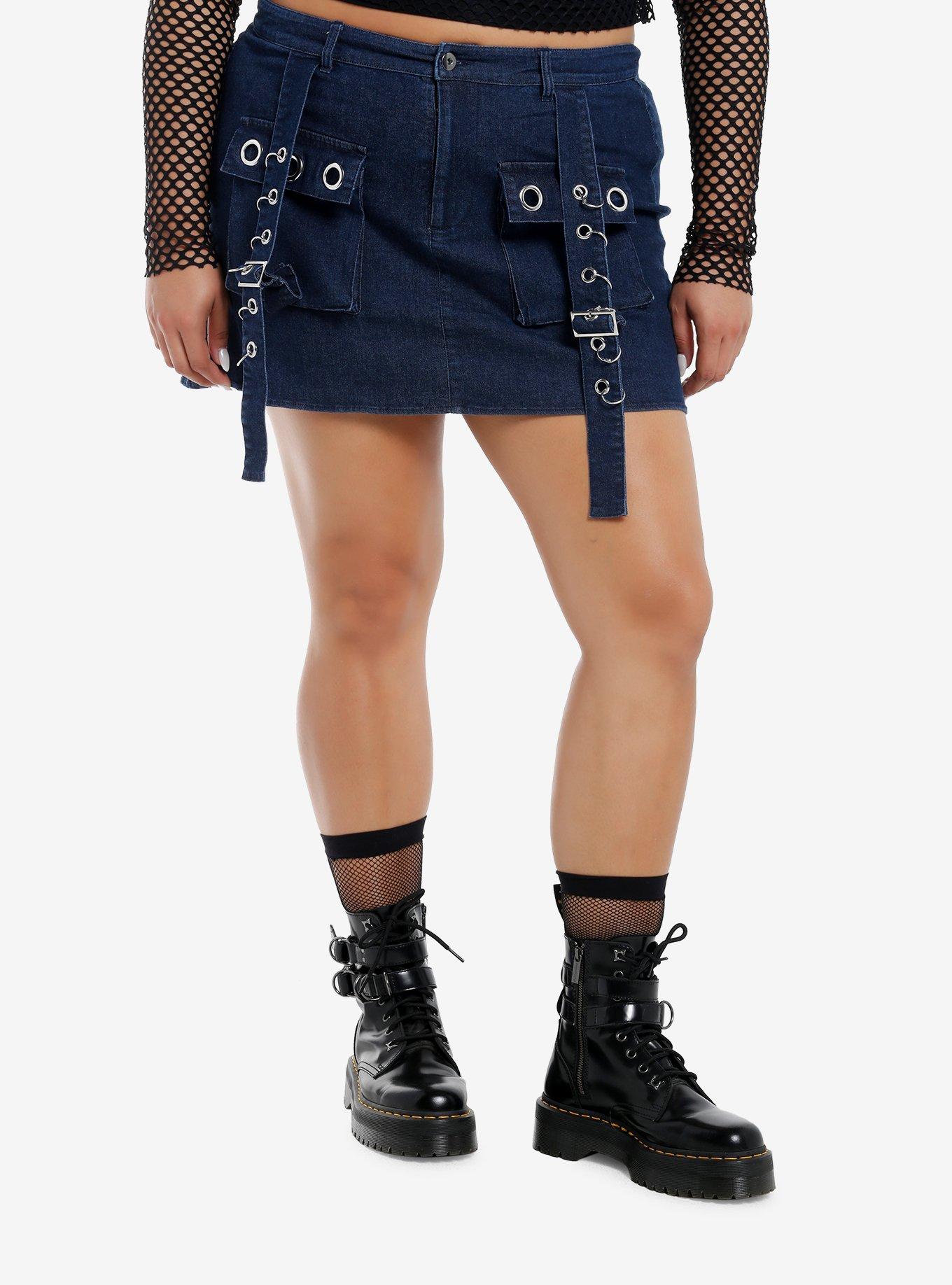 Social Collision Dark Indigo Grommet Strap Denim Skirt