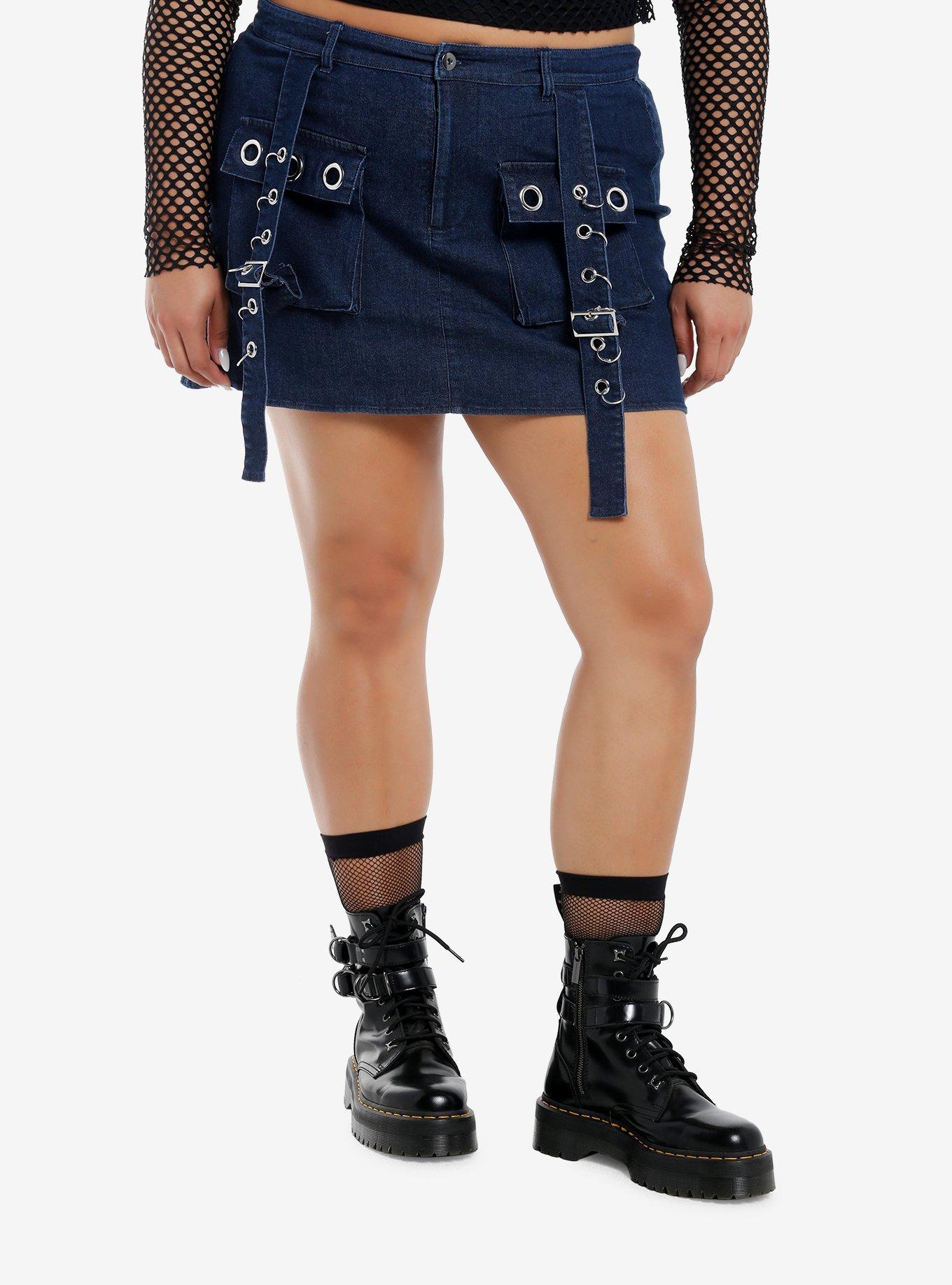 Social Collision Dark Indigo Grommet Strap Denim Skirt, , hi-res