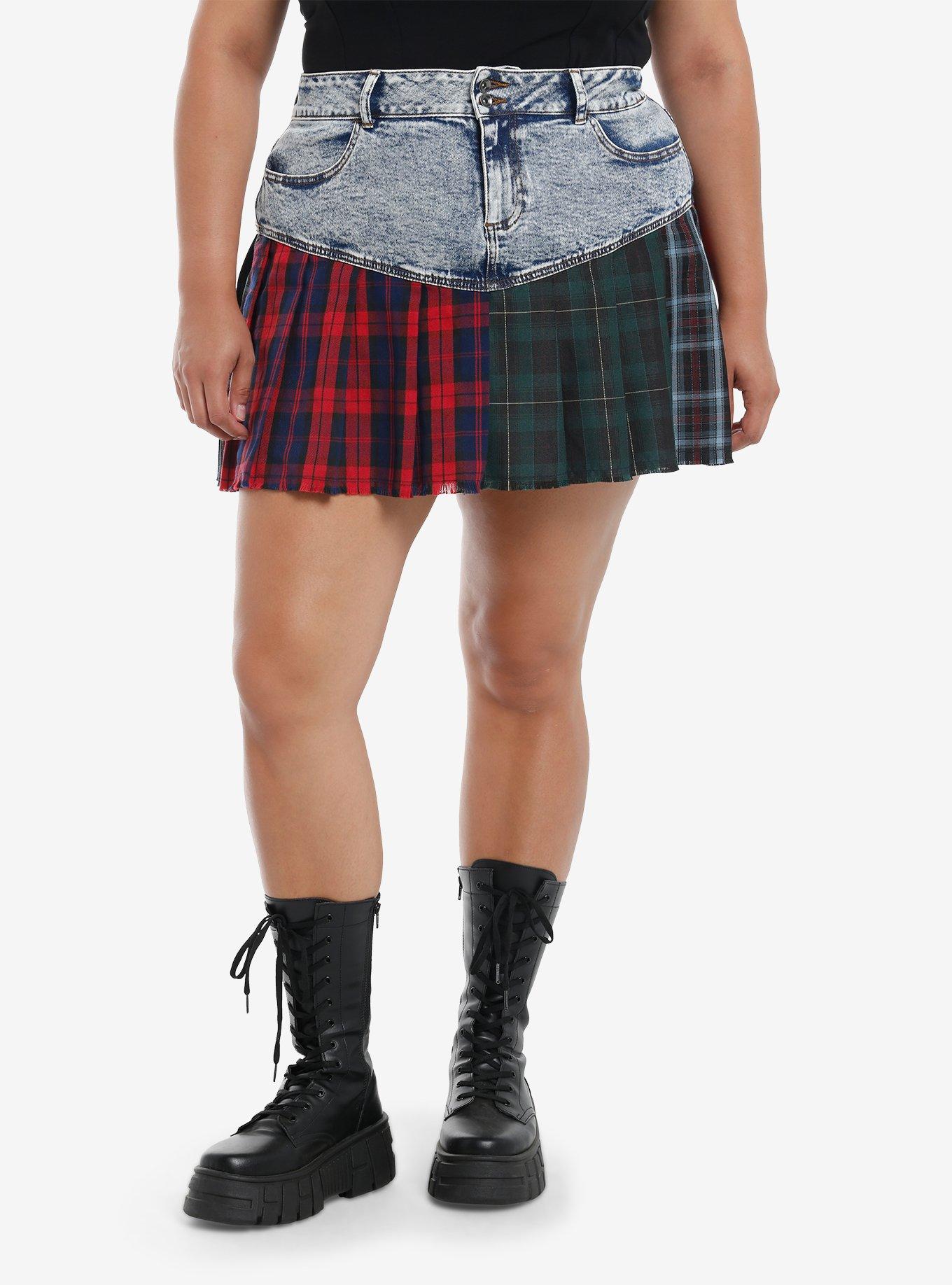 Social Collision Mixed Plaid Split Pleated Skirt Plus Size, , hi-res