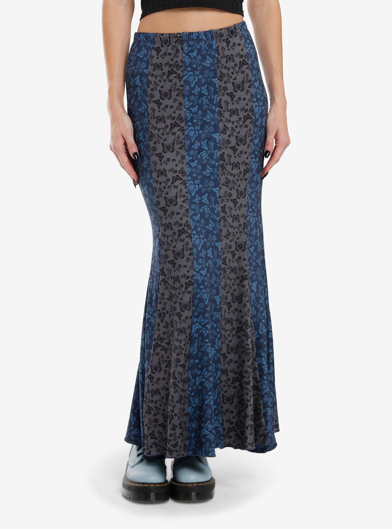 Thorn & Fable Black & Blue Butterfly Stripe Mermaid Maxi Skirt, , hi-res