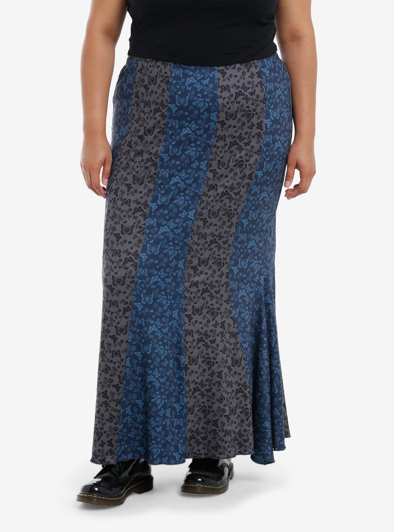 Thorn & Fable Black Blue Butterfly Stripe Mermaid Maxi Skirt Plus