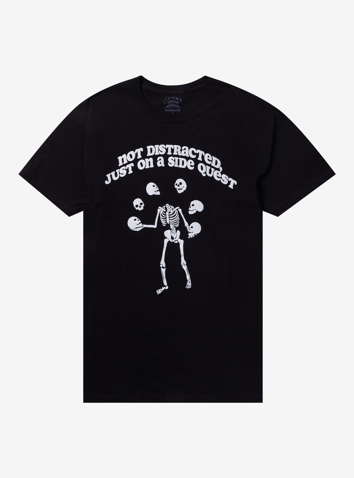 Skeleton Not Distracted Just Side Quest T-Shirt By Call Your Mother, BLACK, hi-res