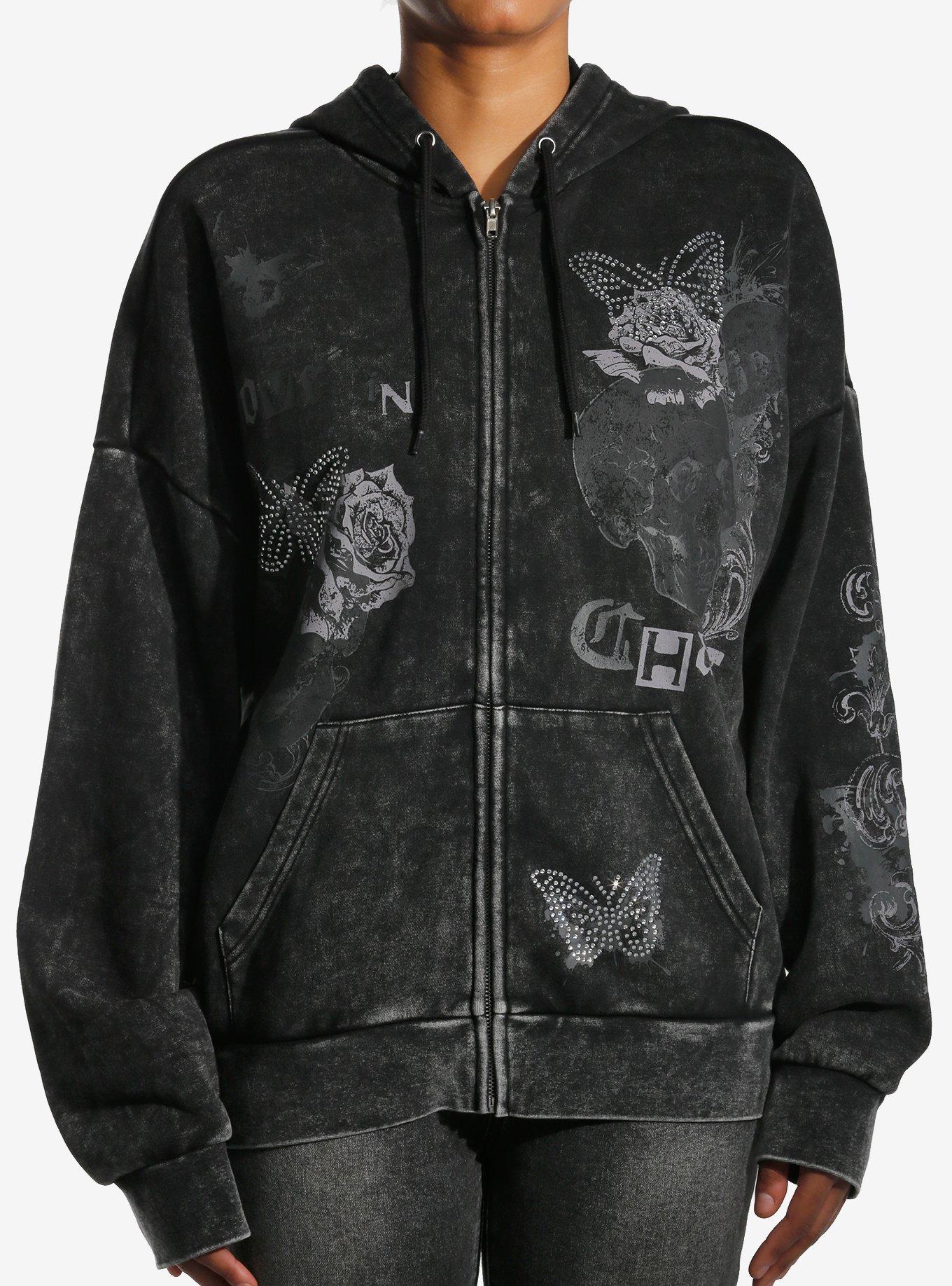 Social Collision Butterfly Rose Rhinestone Wash Girls Hoodie | Hot