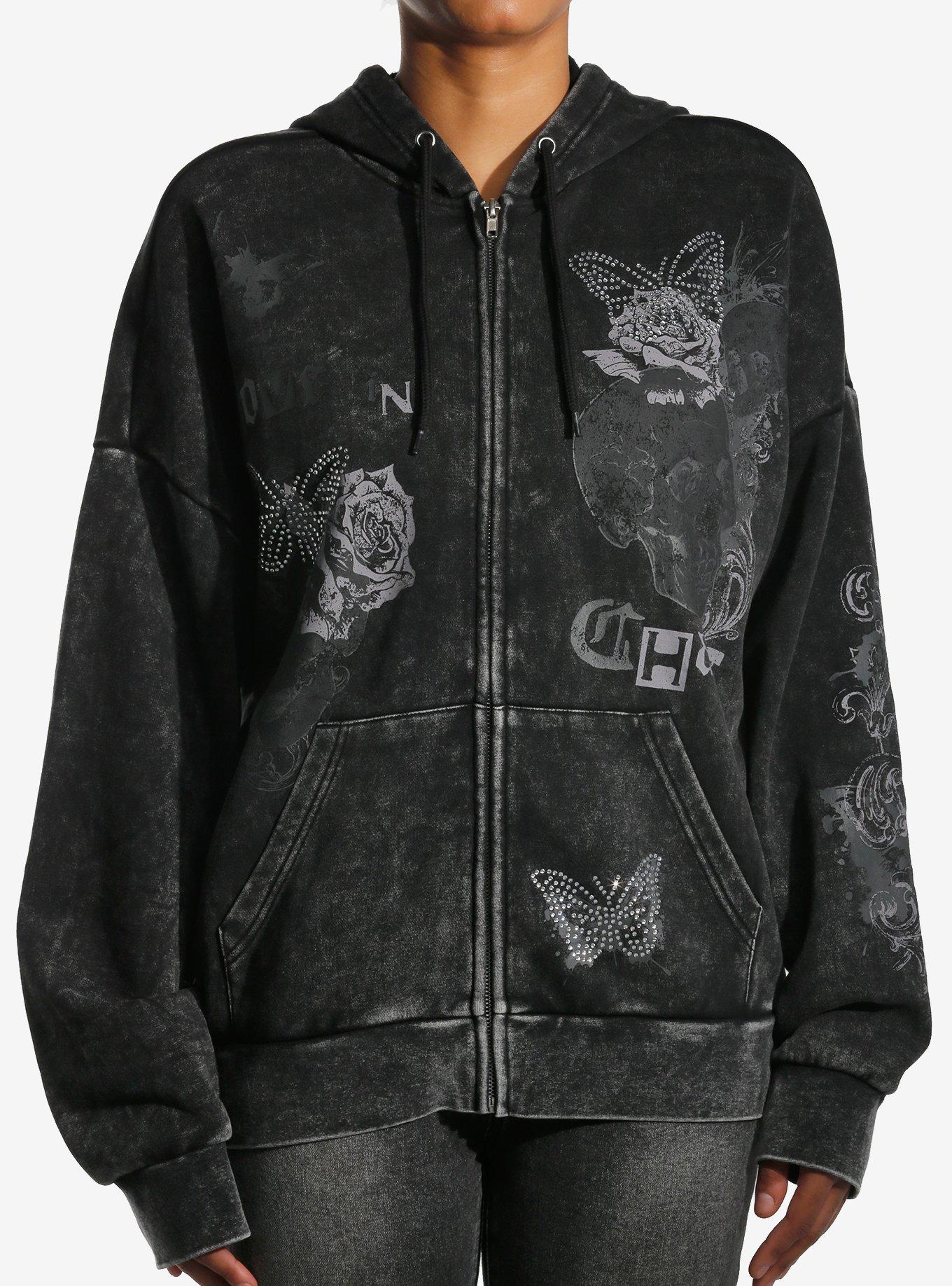 Social Collision Butterfly Rose Rhinestone Wash Girls Hoodie, , hi-res