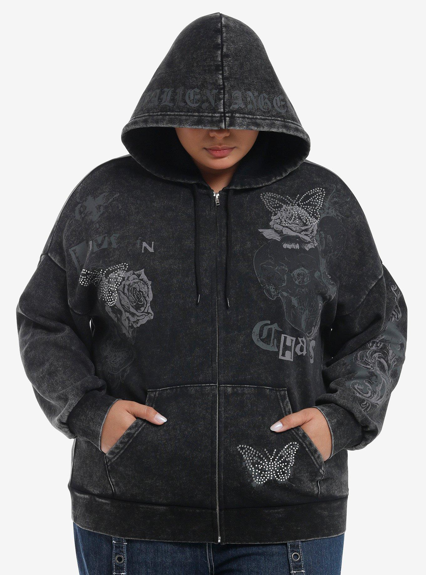 Social Collision Butterfly Rose Rhinestone Wash Girls Hoodie Plus Size, , hi-res